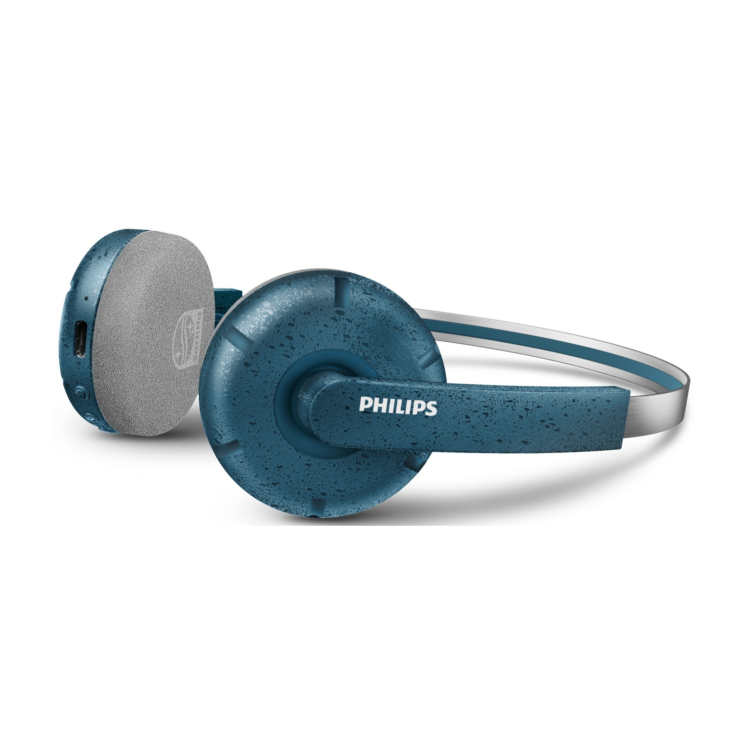 Cuffie Philips blu e grigie su sfondo bianco. Le cuffie sono di tipo on-ear, con il logo Philips visibile.