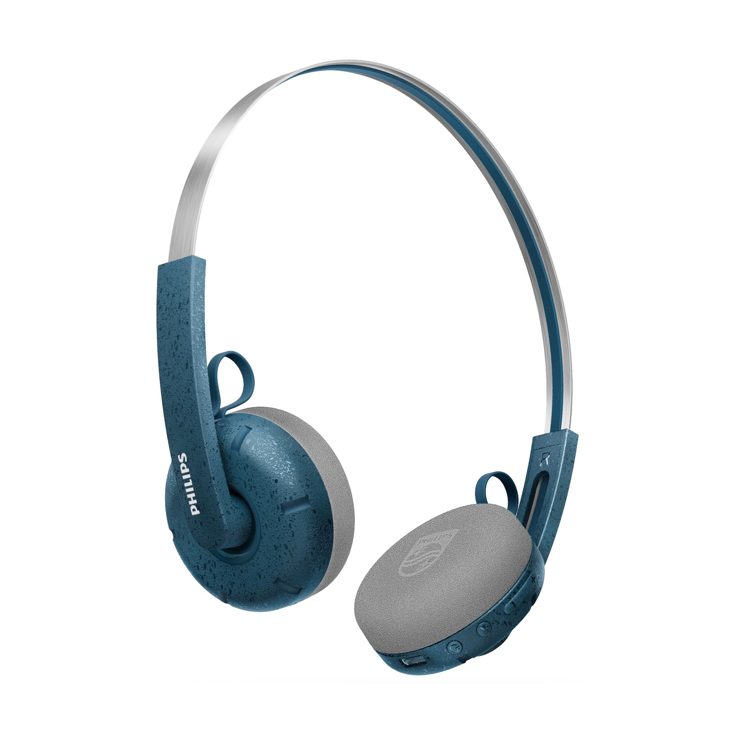 Cuffie Philips blu e grigie. L'archetto è argentato. I padiglioni auricolari sono grigi e presentano il logo Philips.