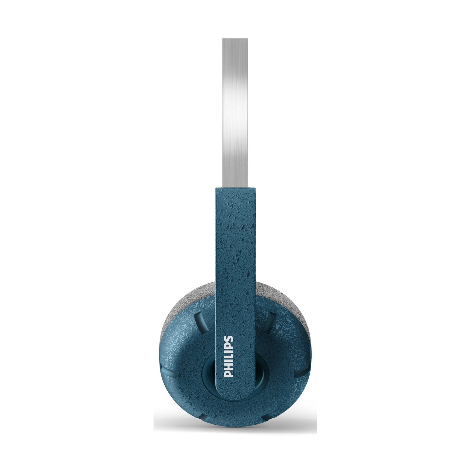 Cuffie, padiglione blu con scritta 'PHILIPS', fascia argentata e cuscinetto grigio. Su sfondo bianco.