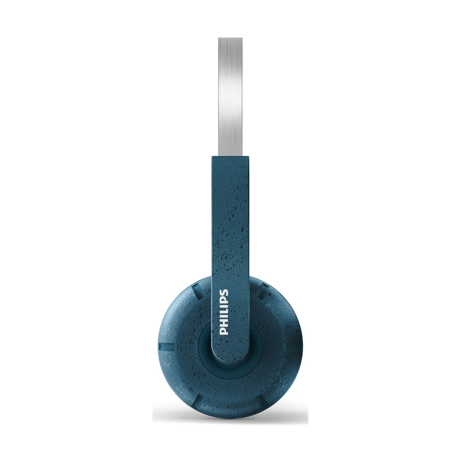 Una cuffia Philips blu on-ear. L'archetto è argentato e il padiglione è blu scuro strutturato. Il marchio è visibile.