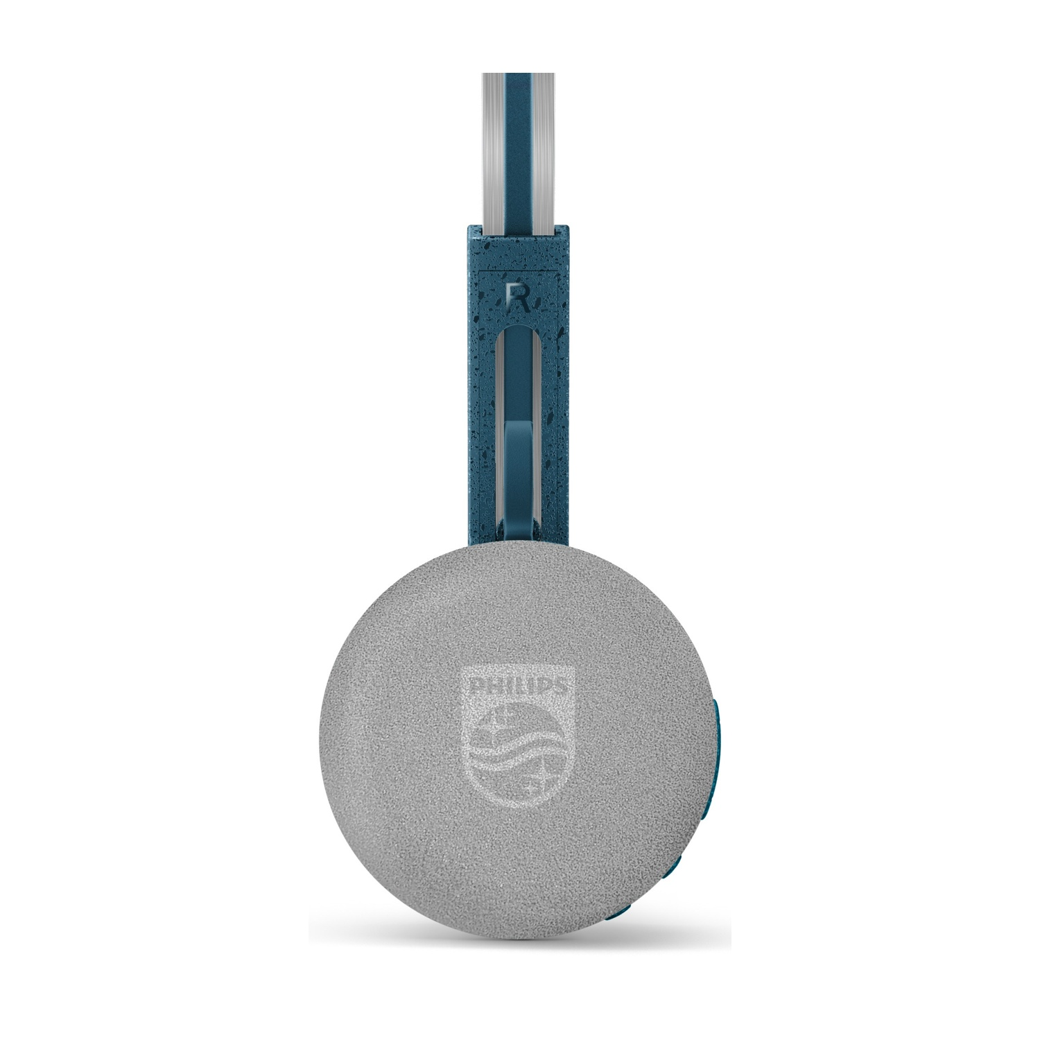 Cuffie con padiglione grigio e fascia blu. Il logo Philips è visibile. La lettera 'R' è sulla fascia.