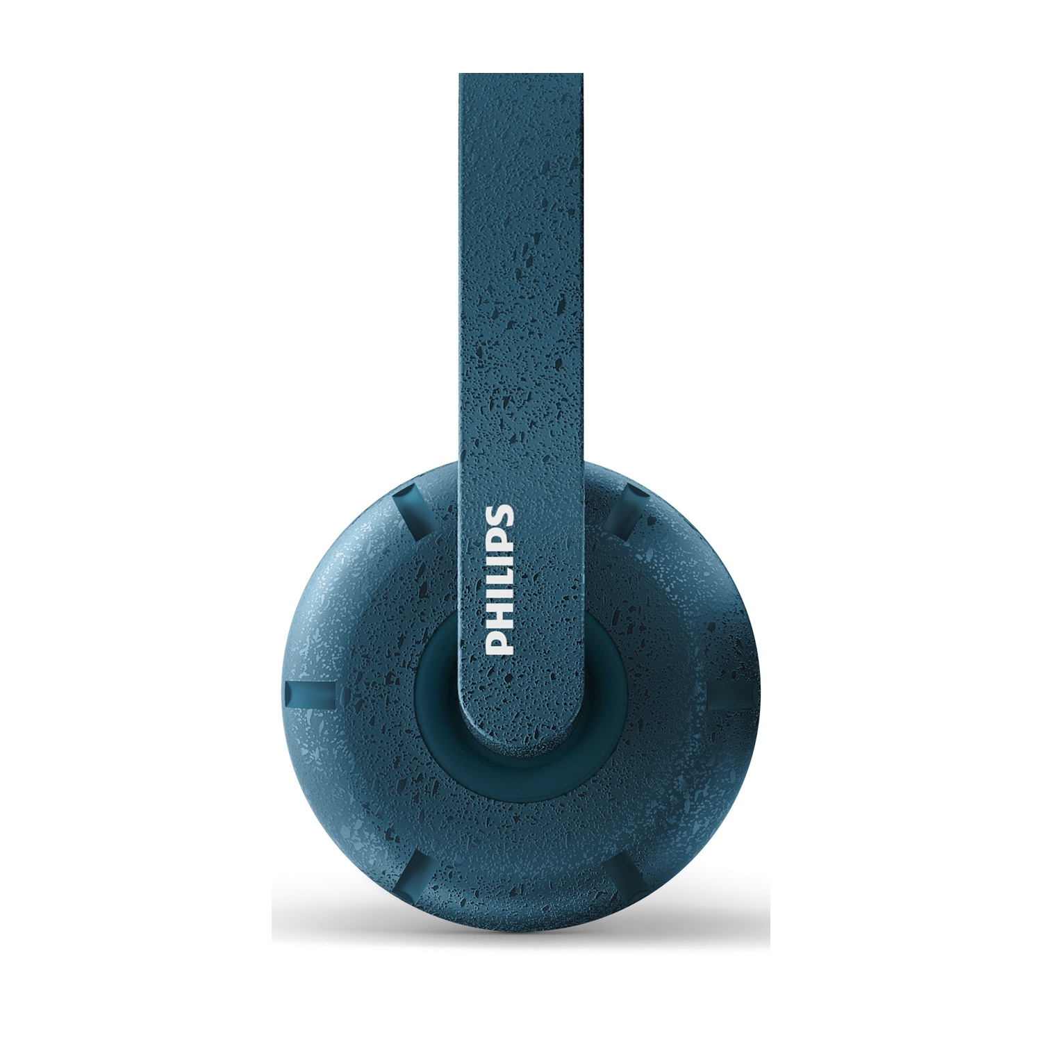 Una cuffia Philips blu, con superficie strutturata, centrata su sfondo bianco. Il nome del marchio è visibile sull'archetto.