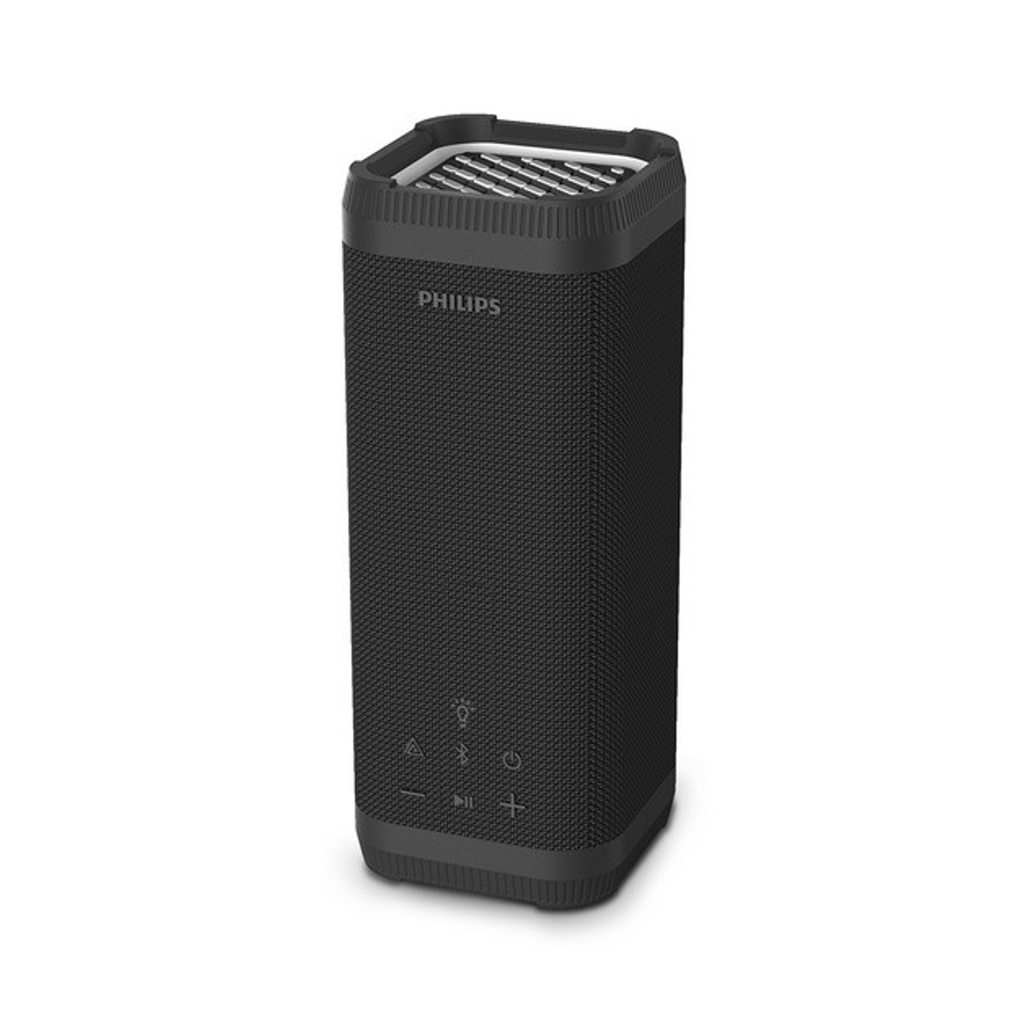 Un altoparlante portatile Philips nero. È rettangolare con angoli arrotondati e pulsanti di controllo. La parte superiore ha una griglia.