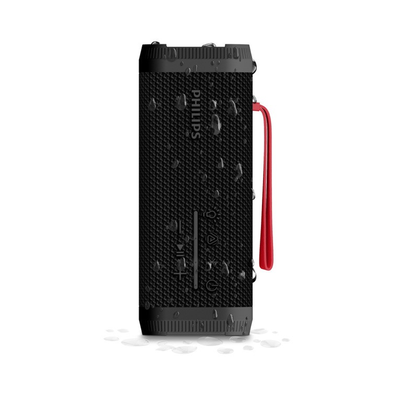 Altoparlante Philips nero con cinturino rosso. Gocce d'acqua sulla superficie. Sfondo bianco.