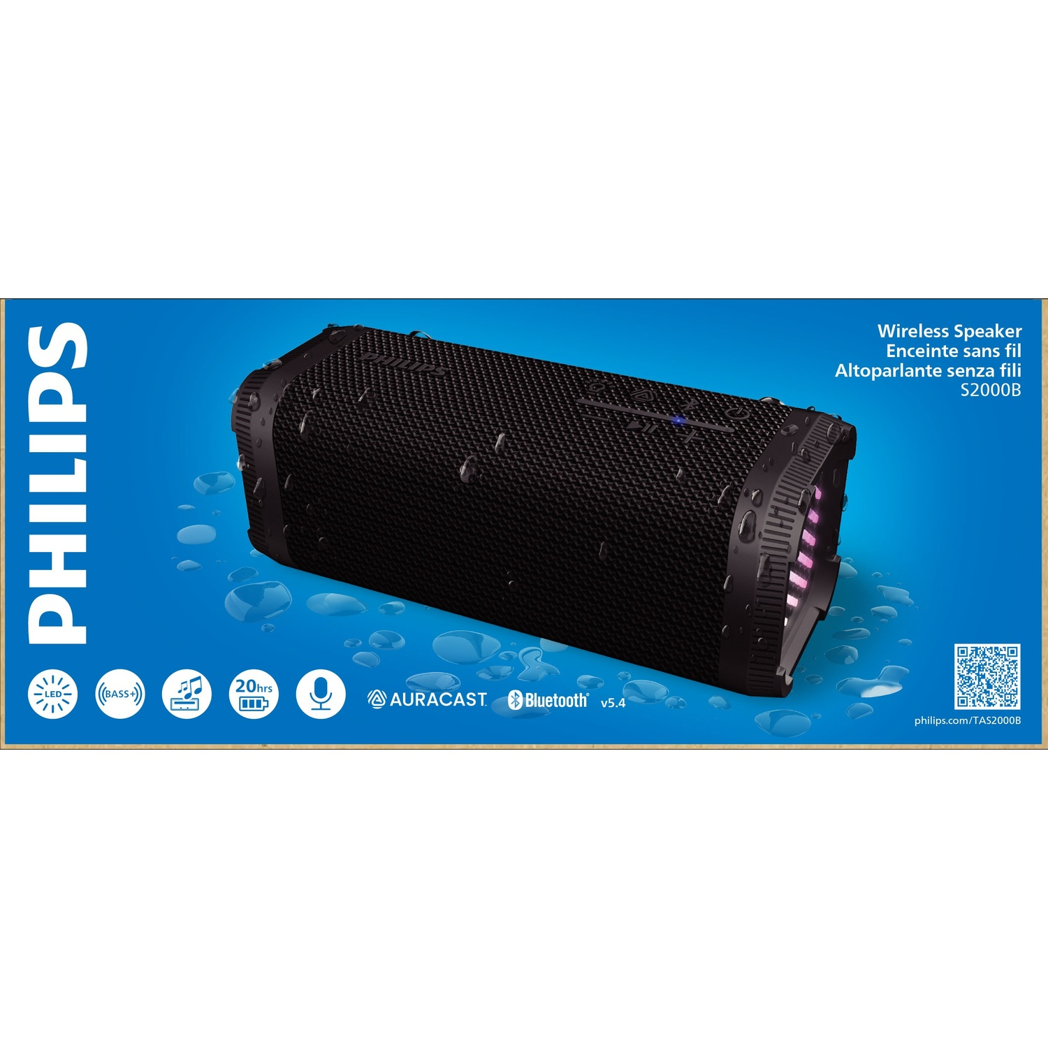 Altoparlante wireless Philips nero con goccioline d'acqua. Include bassi, Bluetooth e 20 ore di autonomia.