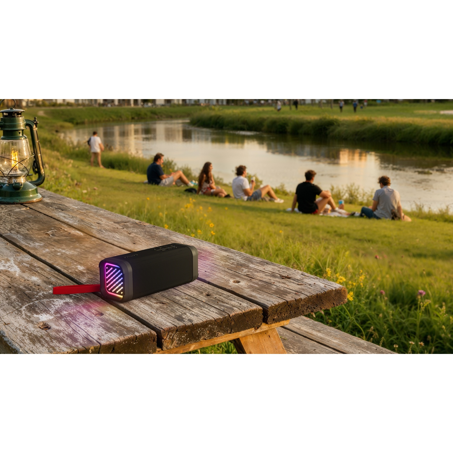 Un tavolo da picnic con un altoparlante e una lanterna. Persone che si rilassano vicino a un fiume. L'altoparlante ha luci colorate.