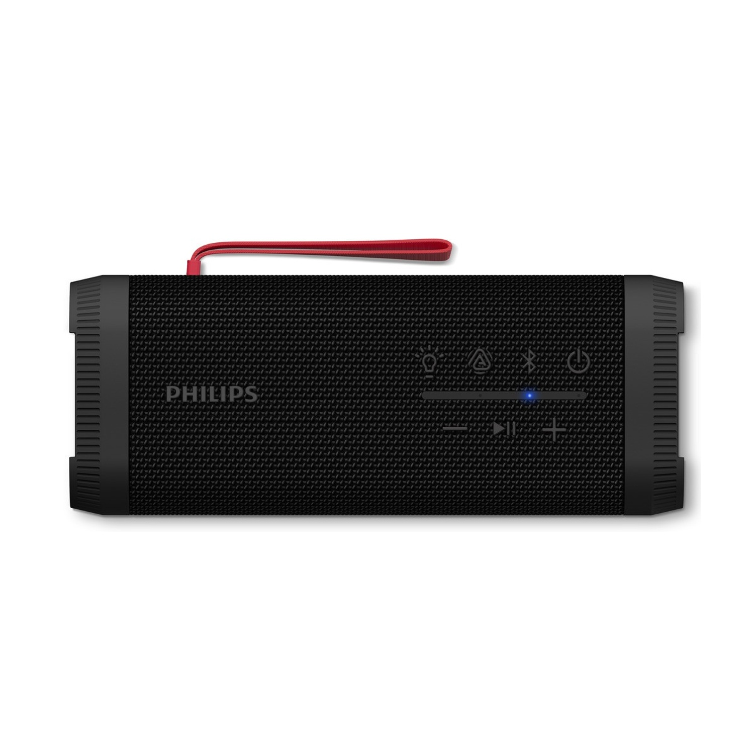 Altoparlante Philips nero con manico rosso. Pulsanti di controllo e logo Philips. Isolato su sfondo bianco.