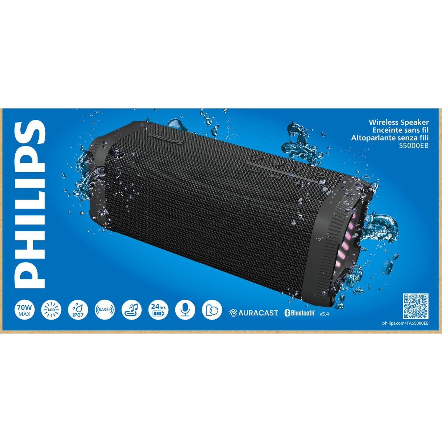 Altoparlante wireless Philips nero con gocce d'acqua, sfondo blu, icone e informazioni sul prodotto.