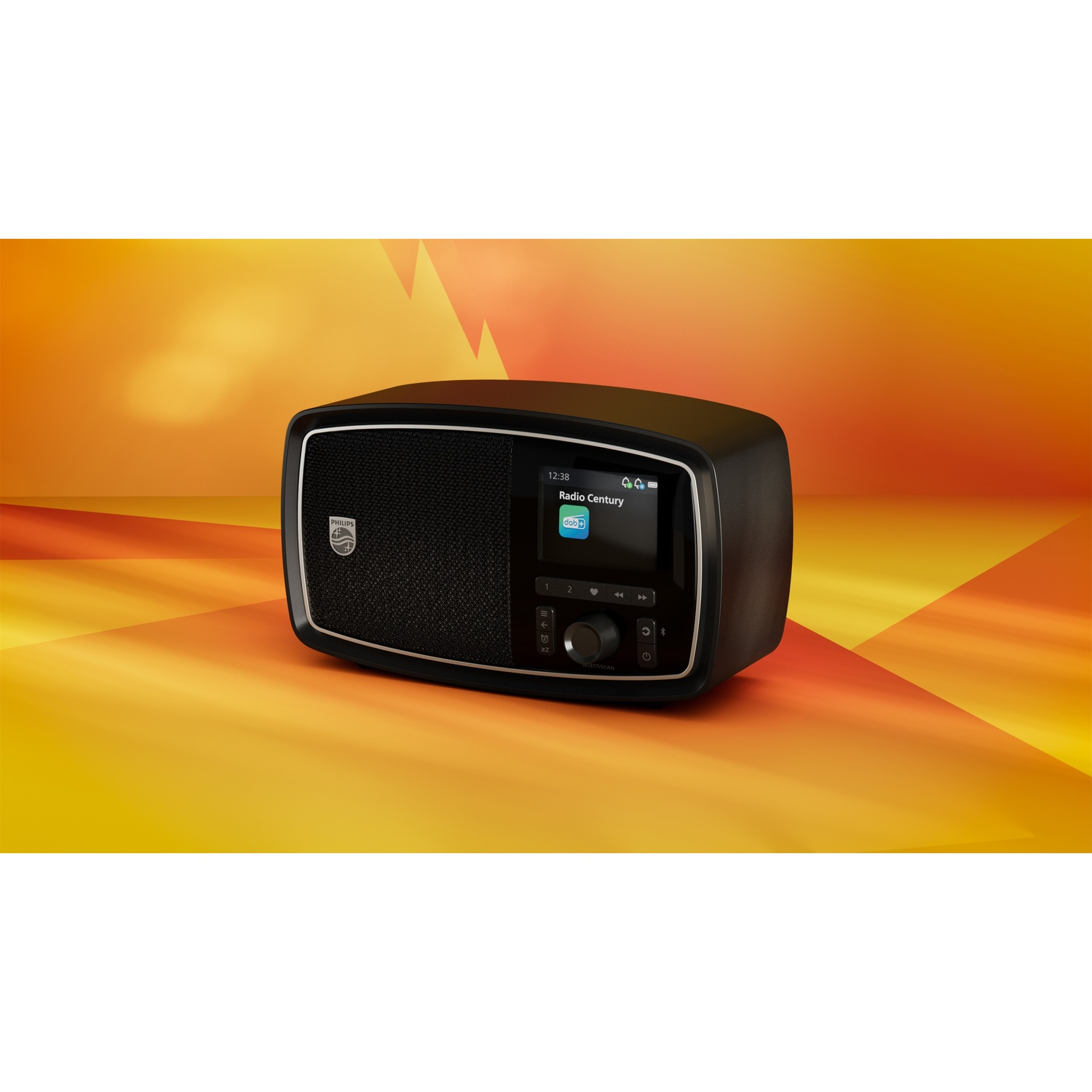 Una radio Philips nera con schermo che mostra 'Radio Century' su uno sfondo sfumato arancione e giallo.
