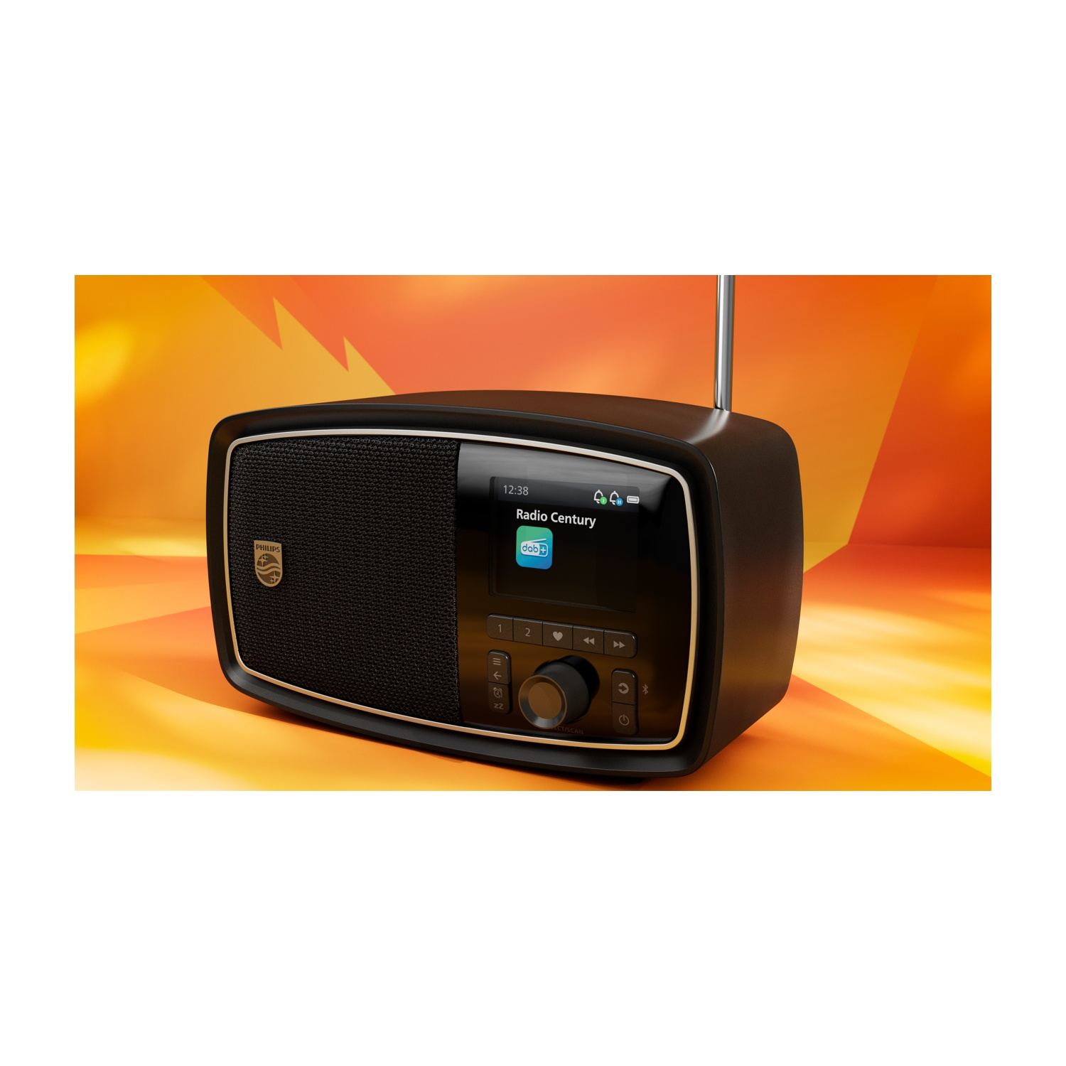 Una radio Philips nera e oro. Ha un altoparlante, uno schermo e pulsanti. Un'antenna si estende dalla parte superiore e si trova su uno sfondo arancione.