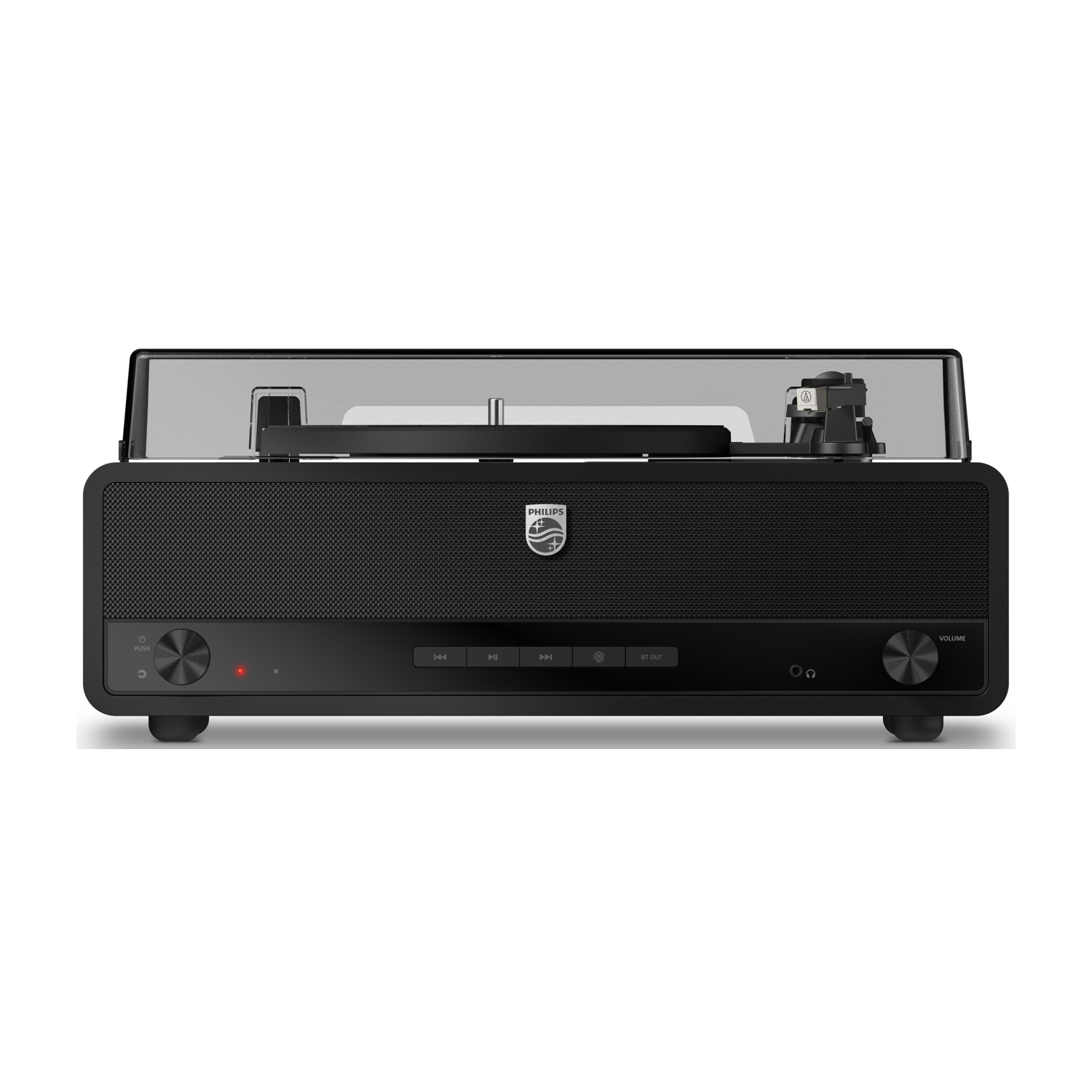 Giradischi Philips nero. Ha una copertura trasparente, controllo del volume e pulsanti play/pausa. La luce rossa indica che è acceso.