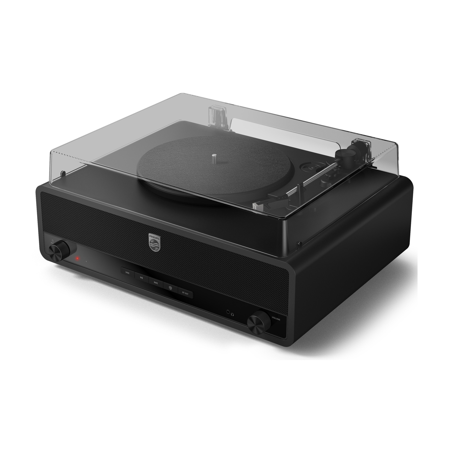 Un giradischi nero con un coperchio trasparente. Ha un altoparlante integrato e manopole di controllo. Il logo Philips è visibile.
