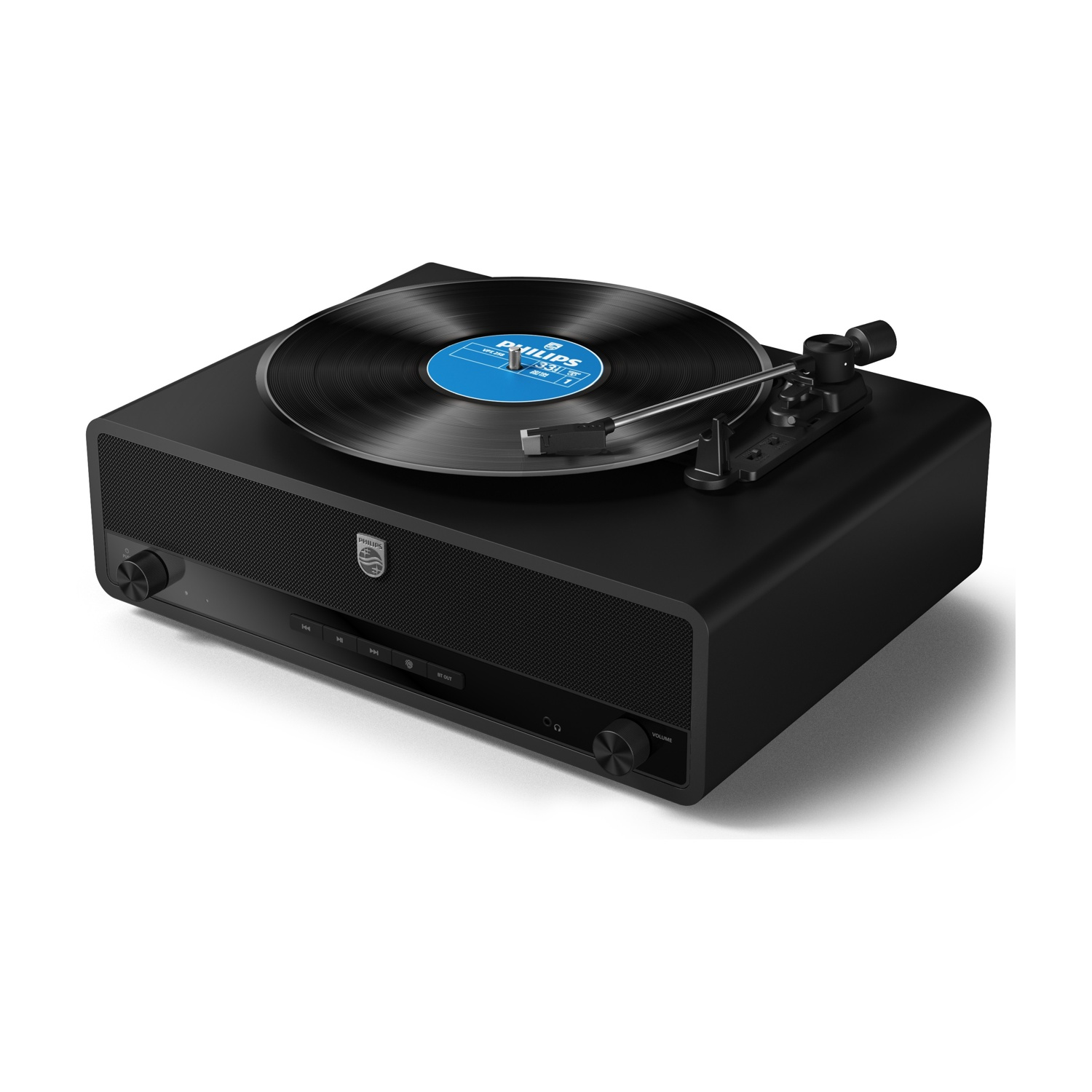 Un giradischi Philips nero riproduce un disco in vinile. Ha un'etichetta blu. I comandi e la manopola del volume sono sul davanti.