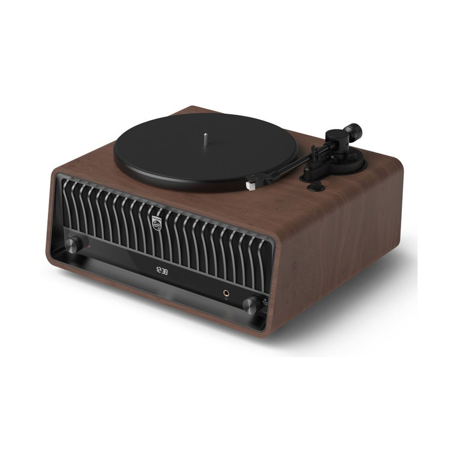 Un giradischi Philips in legno con piatto e braccio neri. Ha un display digitale e una griglia per altoparlanti.