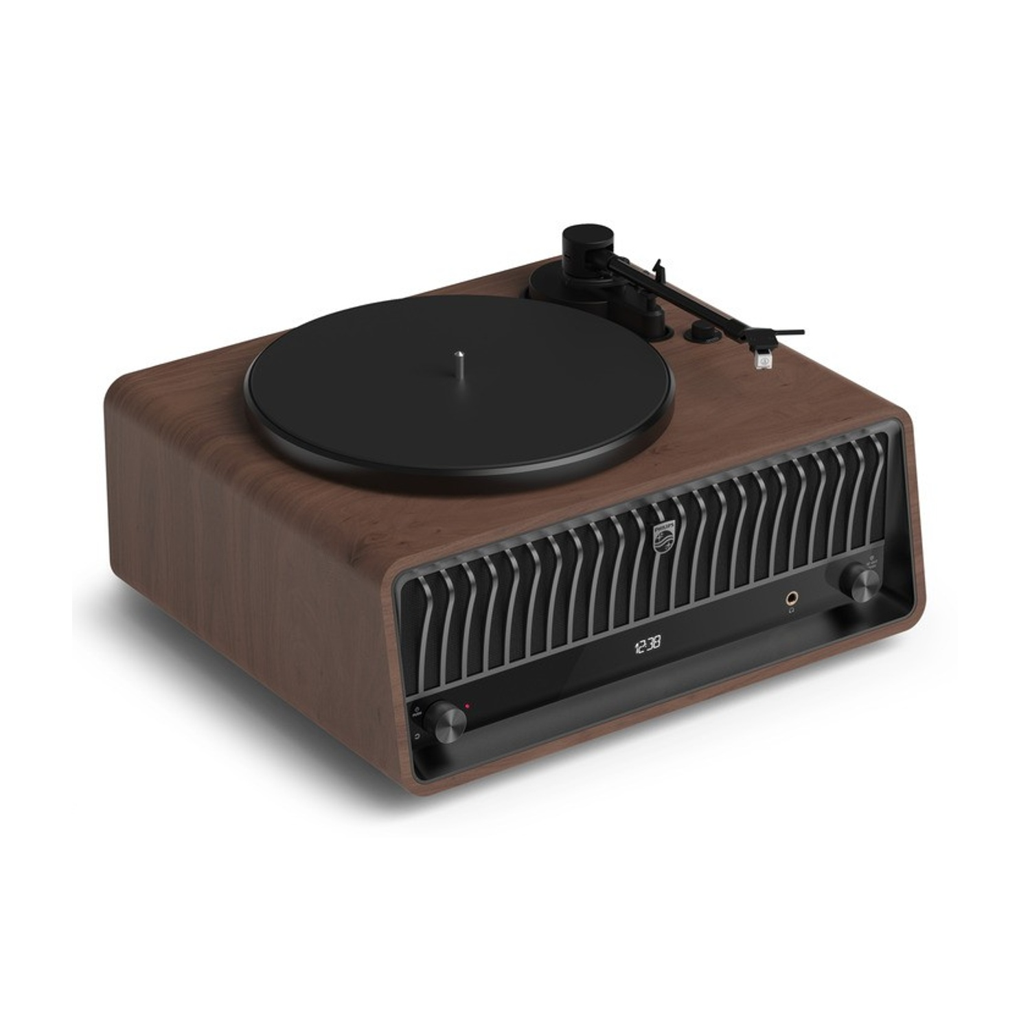 Un giradischi in legno con un disco nero sopra. Il frontale ha un display nero e una copertura per l'altoparlante.
