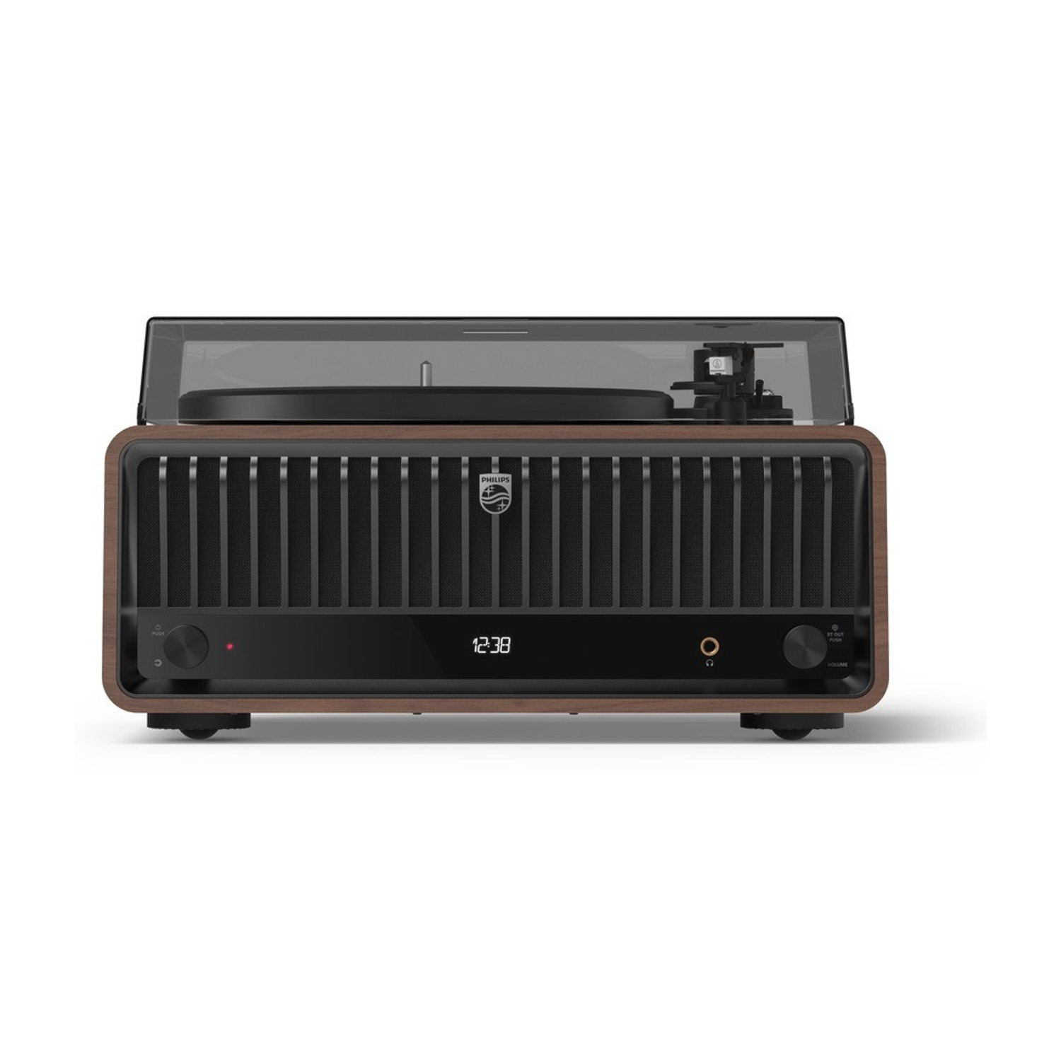 Un giradischi Philips con cornice in legno e pannello frontale nero. Il display mostra 12:38. Un coperchio trasparente è in cima.