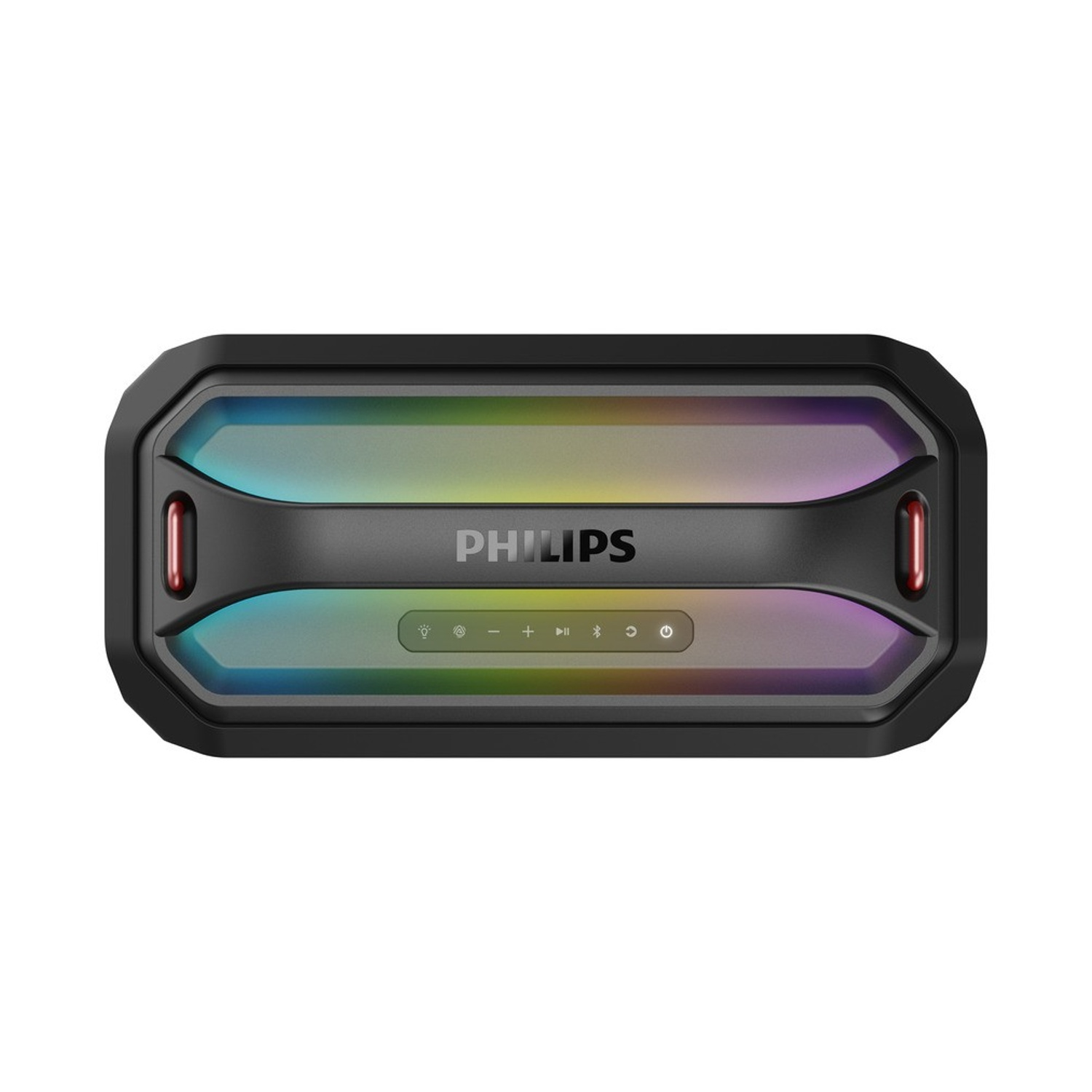 Altoparlante Philips nero con luci colorate. Ha pulsanti di controllo e il logo Philips. Una luce rossa su entrambi i lati.