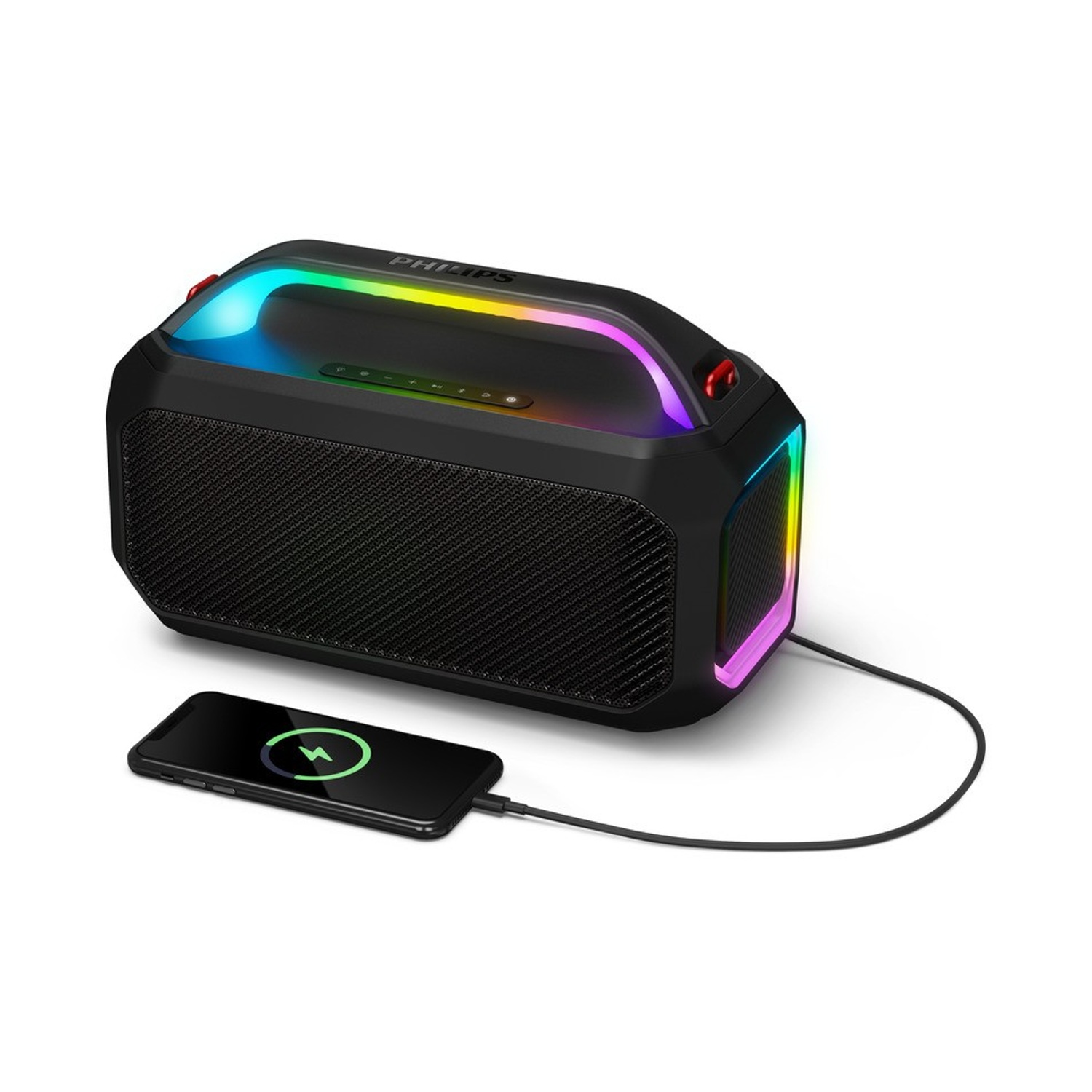 Altoparlante Philips nero con luci RGB, collegato a un telefono in carica. Il telefono mostra un simbolo di ricarica.