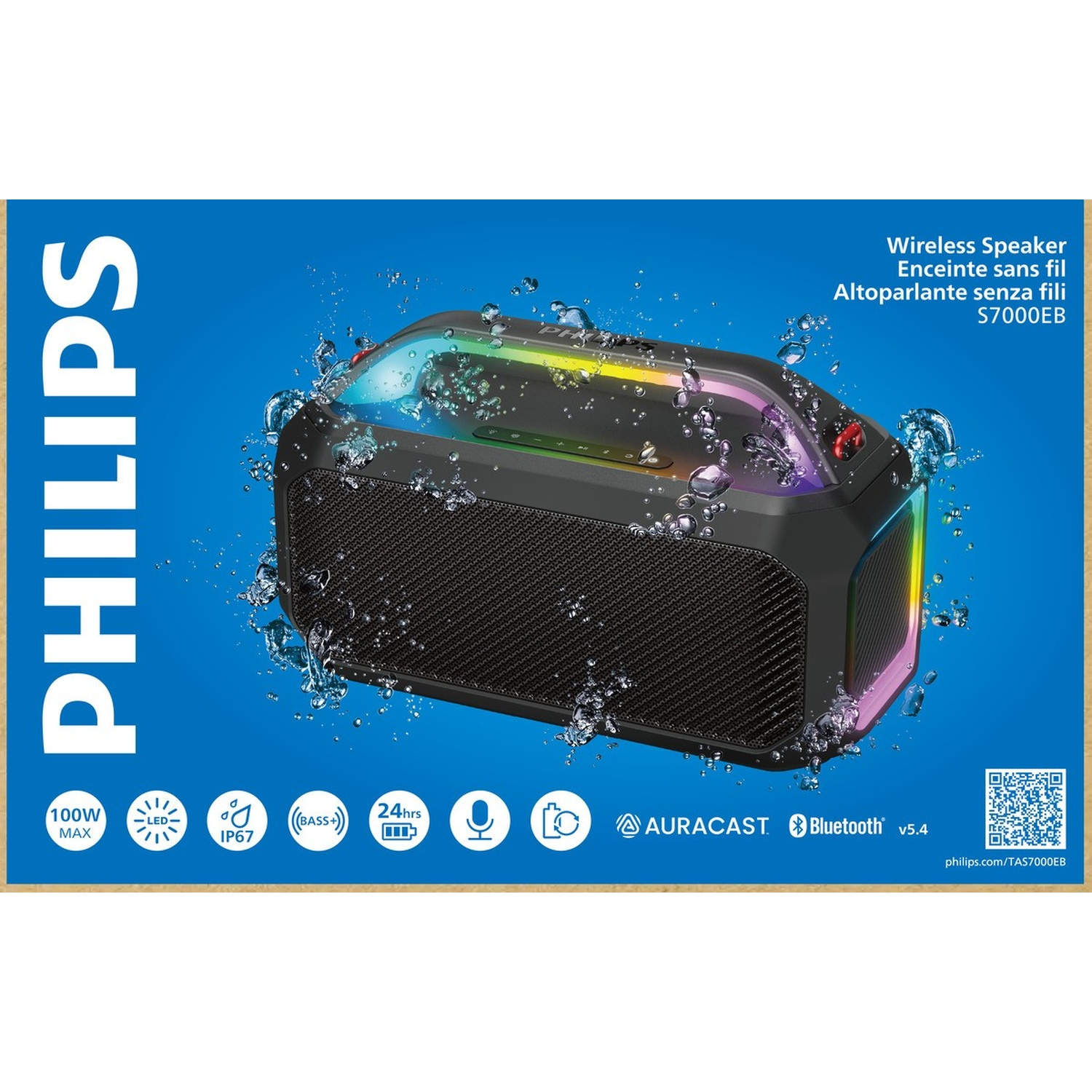 Un altoparlante wireless Philips, nero con goccioline d'acqua, accenti di luce colorati e varie icone e testo su sfondo blu.