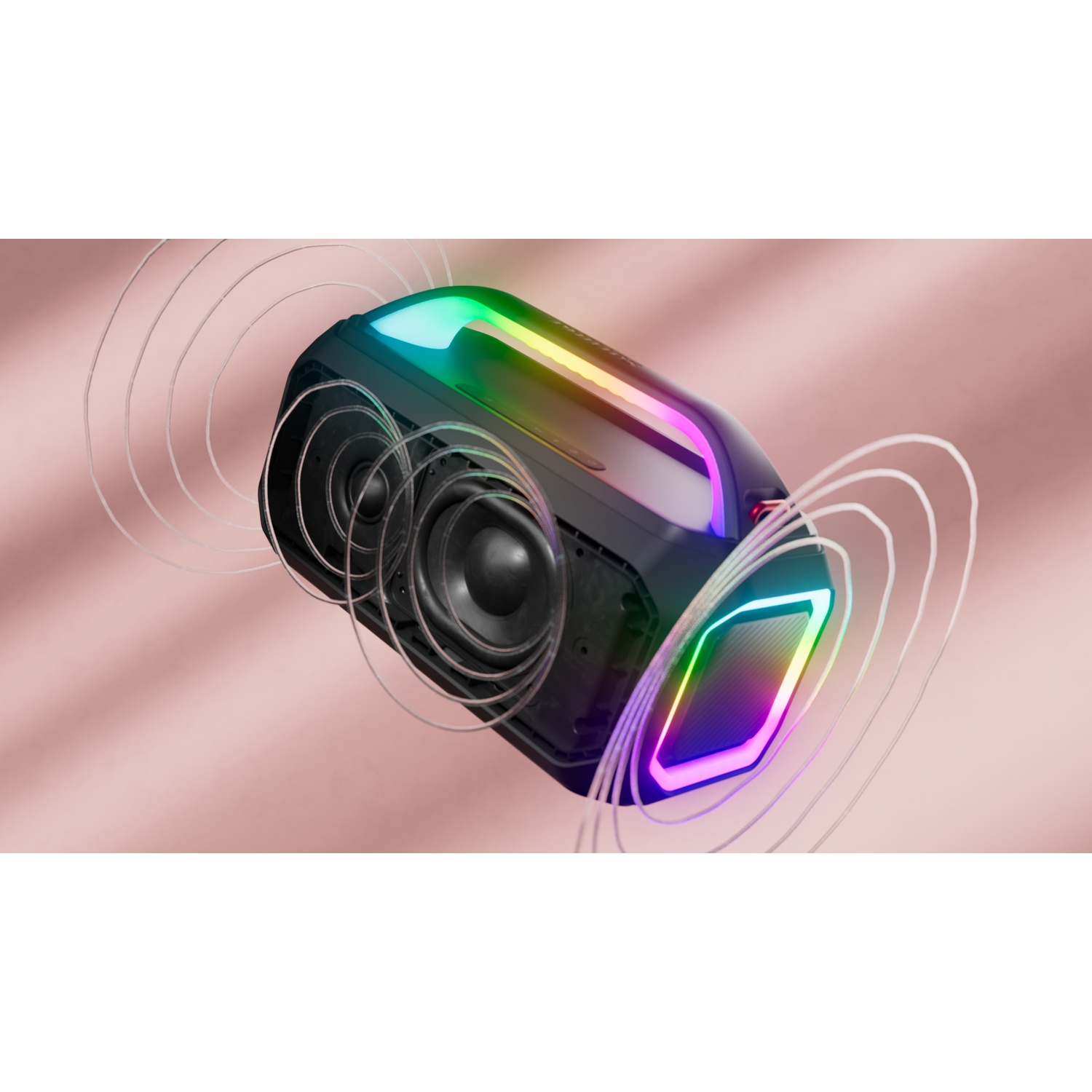 Un altoparlante nero con luci colorate emette onde sonore. Lo sfondo è una sfumatura rosa. L'altoparlante è angolato.