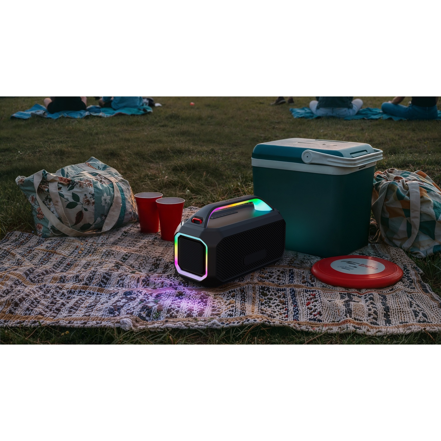 Scena di picnic su una coperta con altoparlante, frigorifero, frisbee, borse e tazze. Persone sedute sull'erba sullo sfondo.