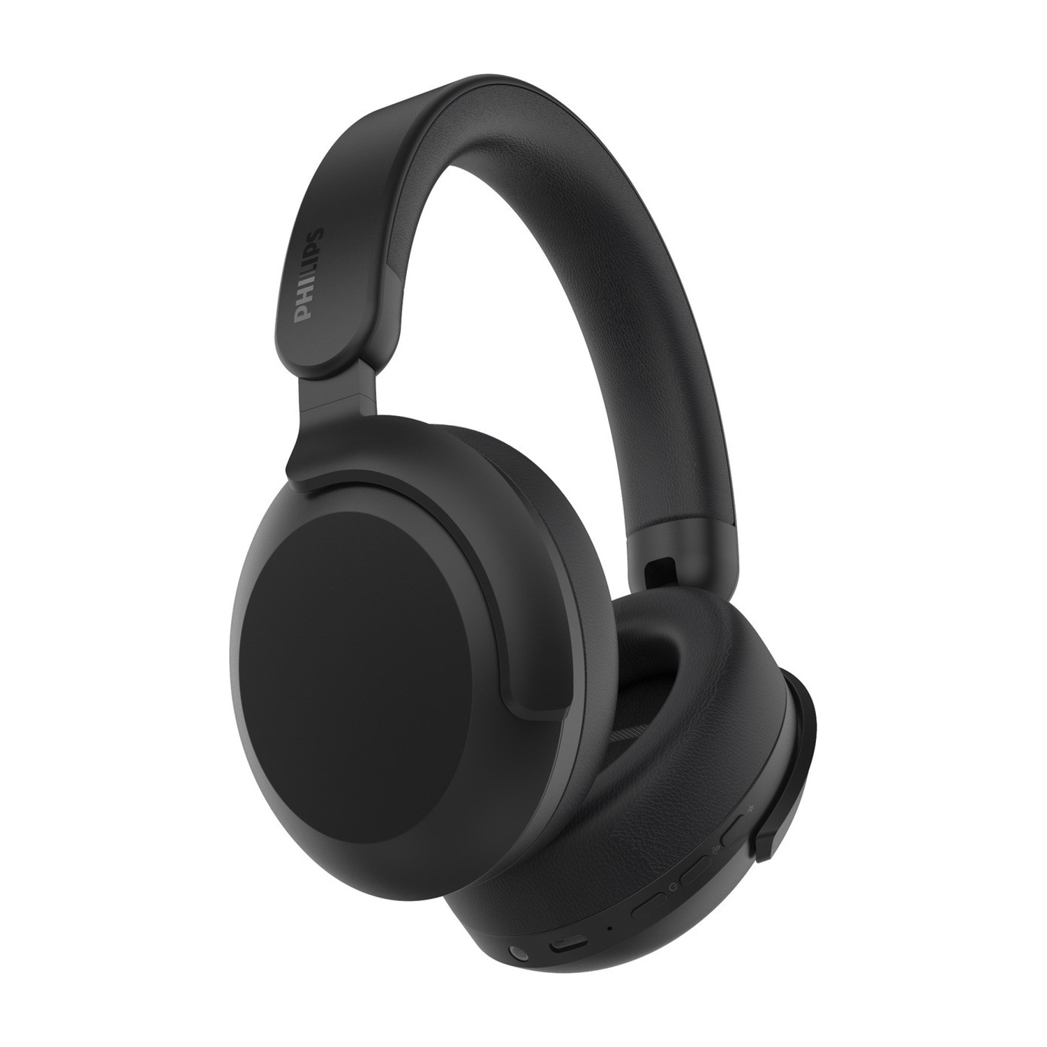 Cuffie Philips nere, vista angolata. Le cuffie sono di tipo over-ear con archetto e padiglioni imbottiti. Lo sfondo è bianco.