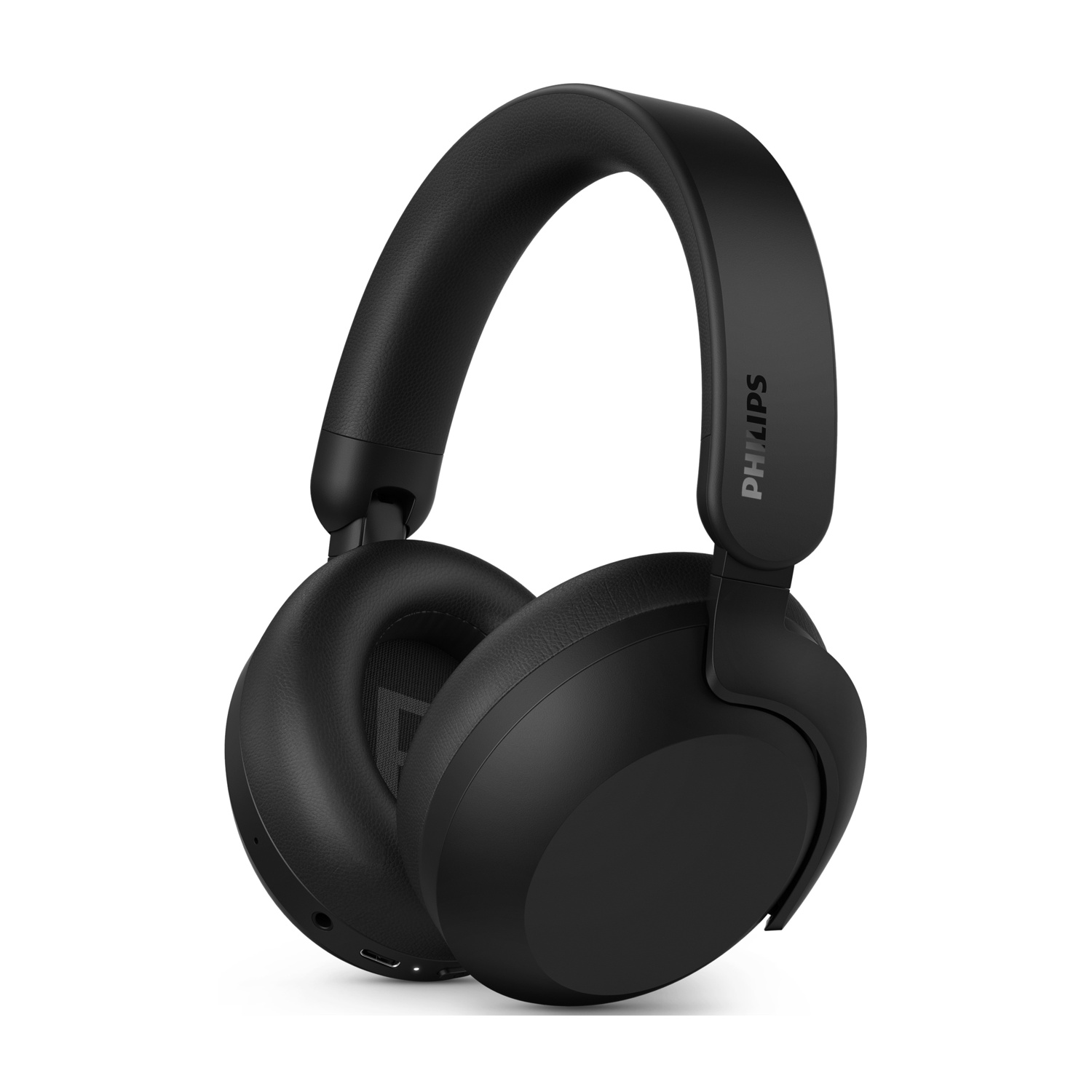Cuffie Philips nere, design over-ear. Le cuffie sono su sfondo bianco. Il nome del marchio è visibile sull'archetto.