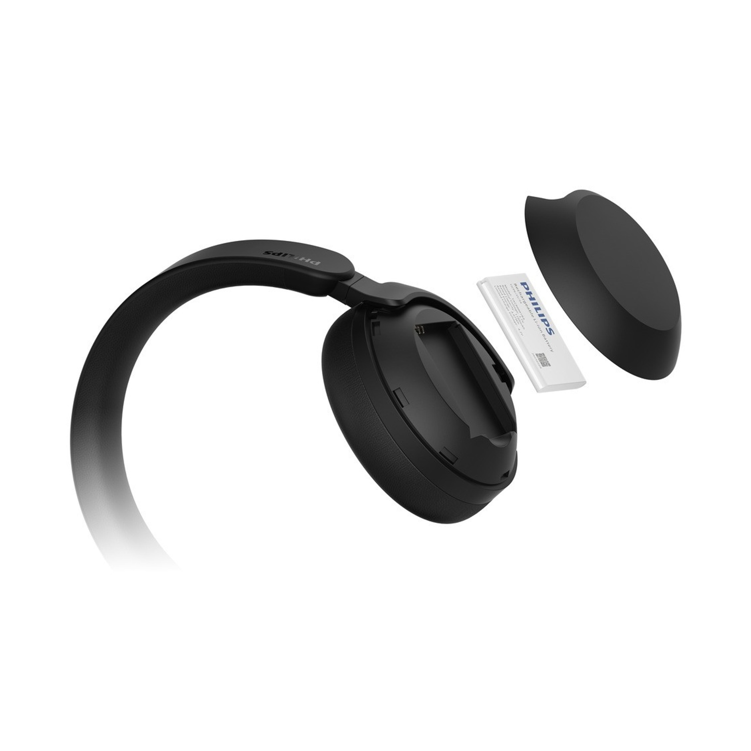 Cuffie Philips nere, vista esplosa, che mostra il padiglione auricolare, la batteria e il padiglione staccato, il tutto su sfondo bianco.