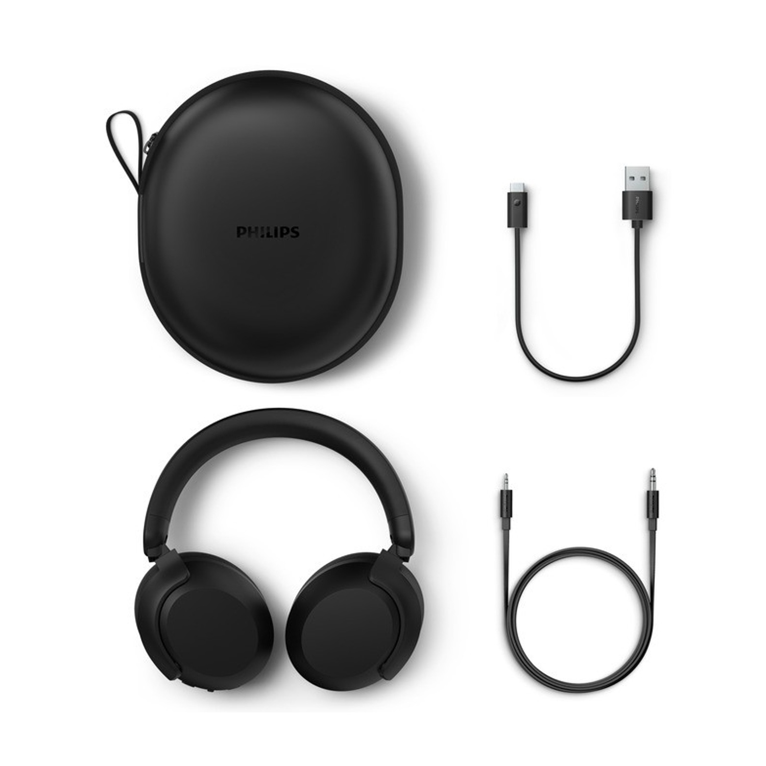 Cuffie, custodia e cavi Philips neri su superficie bianca. Include cavo USB, cavo audio e custodia per il trasporto.