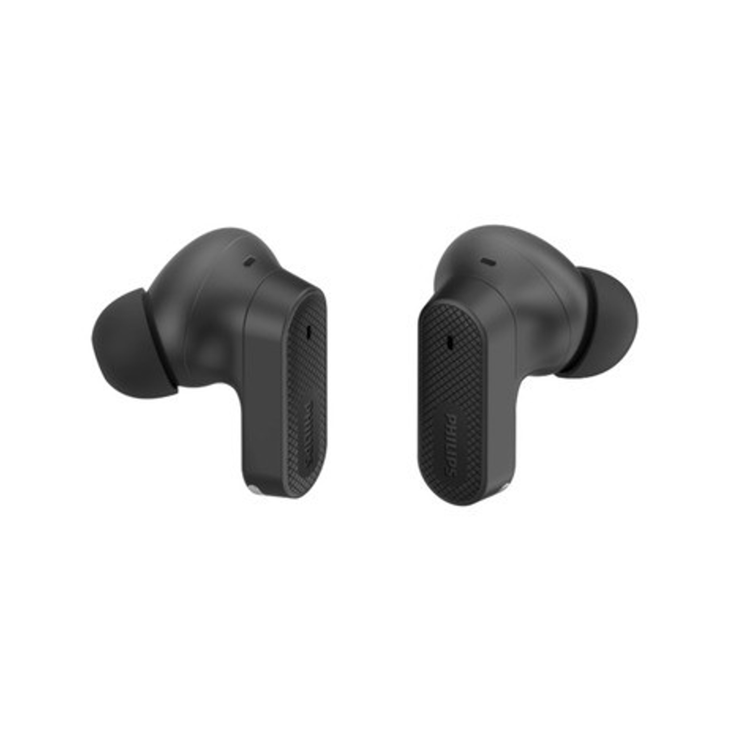 Due auricolari wireless neri. Ognuno ha un corpo principale arrotondato e uno stelo. L'auricolare sinistro è rivolto a sinistra e quello destro a destra.