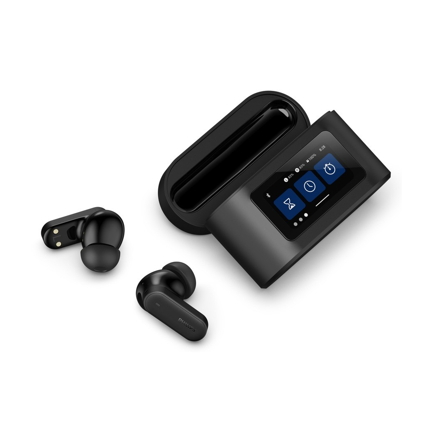 Auricolari wireless neri con custodia di ricarica e display che mostra livelli batteria e icone, il tutto su sfondo bianco.