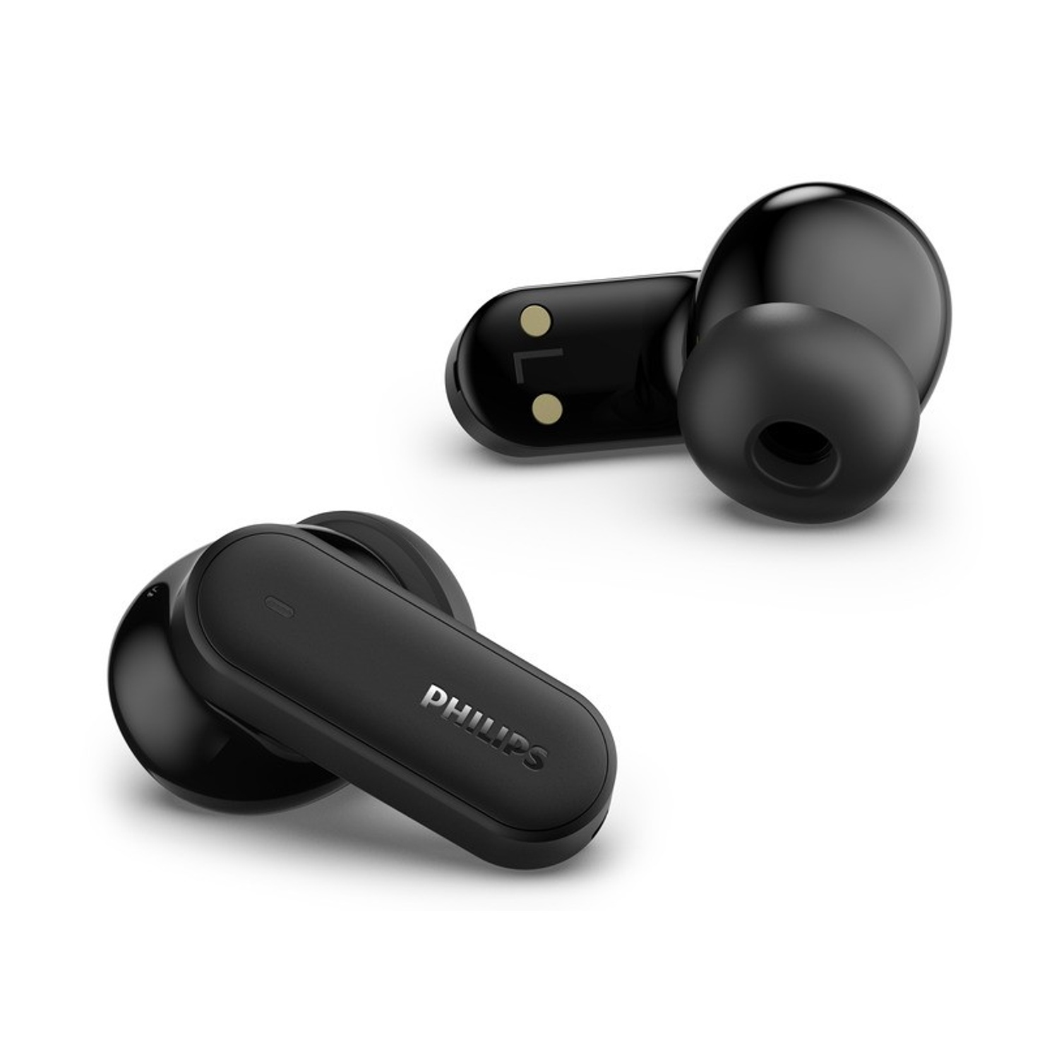Due auricolari wireless Philips neri su sfondo bianco. Uno mostra 'L', l'altro il nome del marchio.
