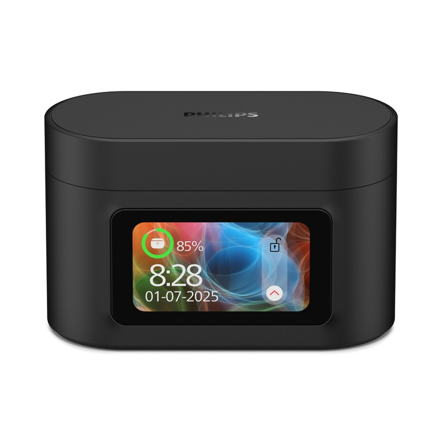 Un dispositivo Philips nero con uno schermo che mostra ora, data e livello batteria. Lo schermo mostra anche un'icona di lucchetto sbloccato.