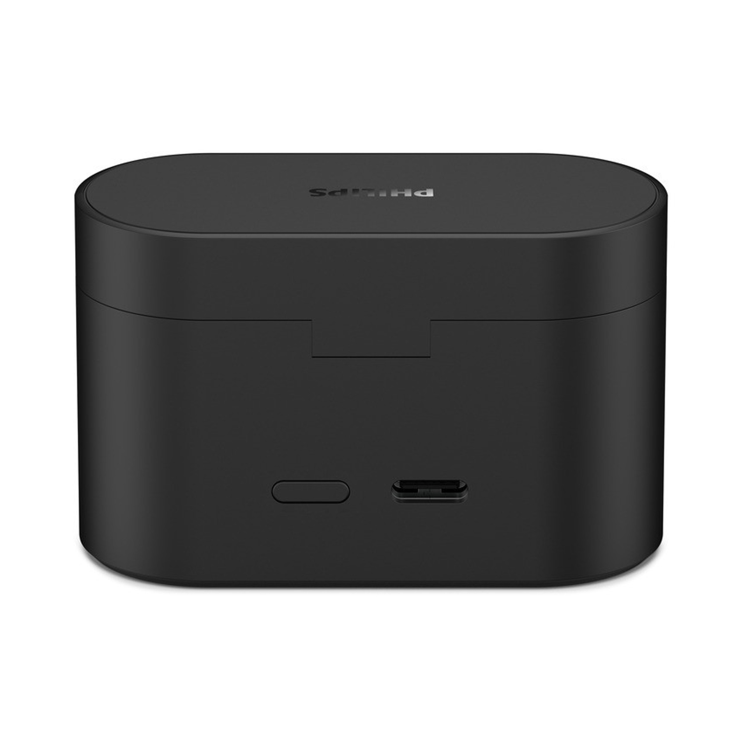 Una custodia di ricarica per auricolari Philips nera. Ha una forma rettangolare arrotondata. La parola 'PHILIPS' è in alto.