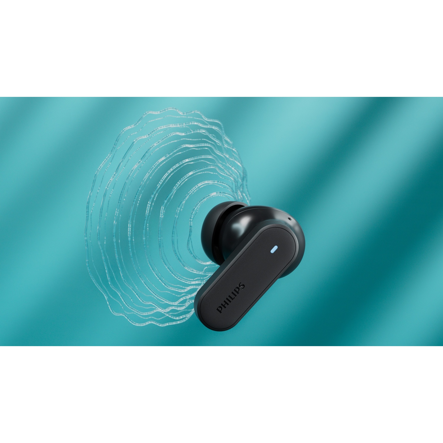 Un auricolare Philips nero, inclinato verso destra, su uno sfondo turchese con un design a onde astratto.