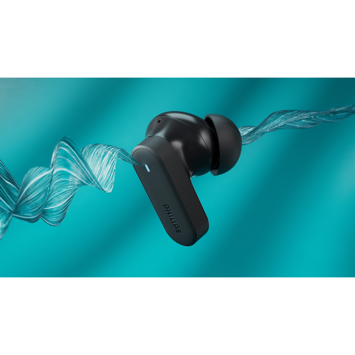 Auricolari wireless Philips neri. Una luce blu indica l'alimentazione. Lo sfondo è verde acqua, con un design ondulato e trasparente.