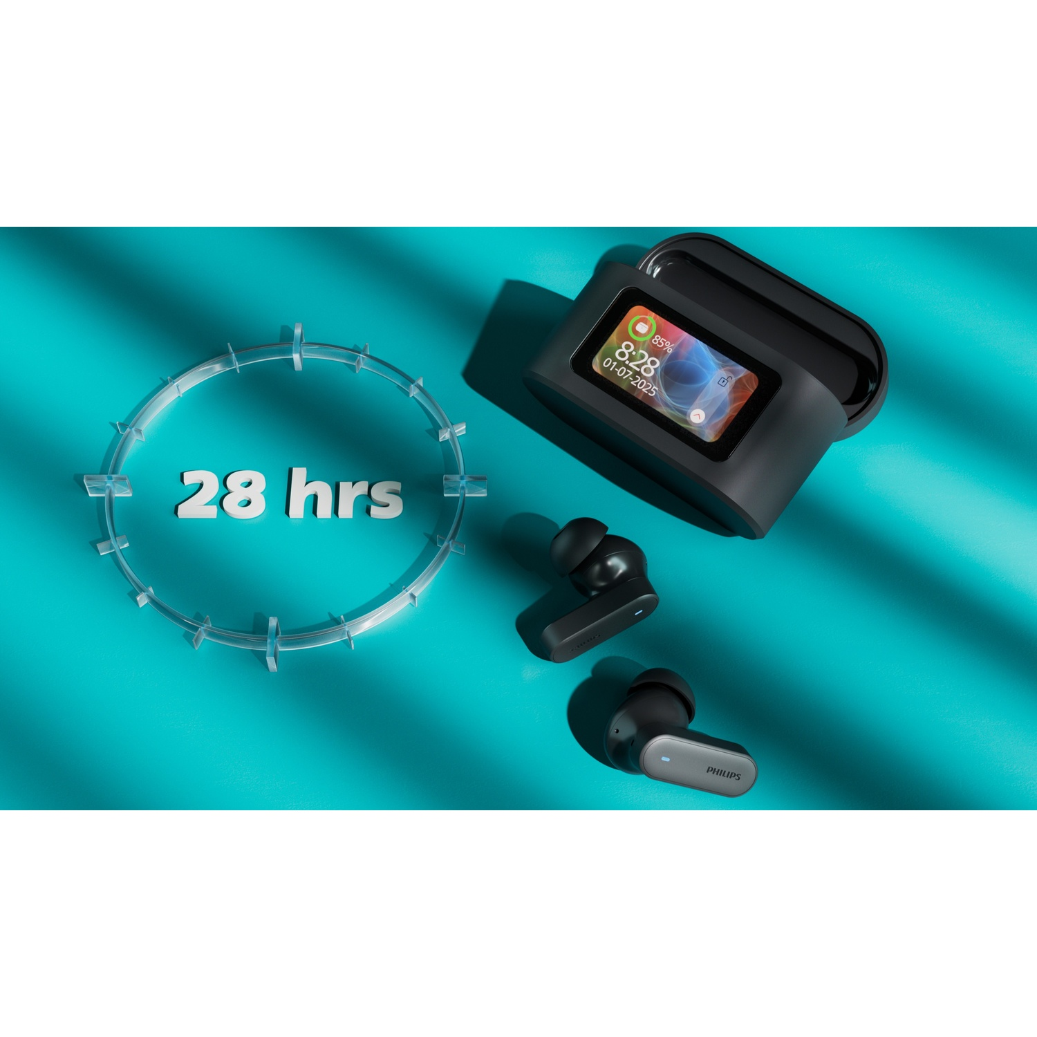 L'immagine presenta auricolari wireless, custodia di ricarica e uno schermo con ora e durata della batteria, il tutto su sfondo turchese.