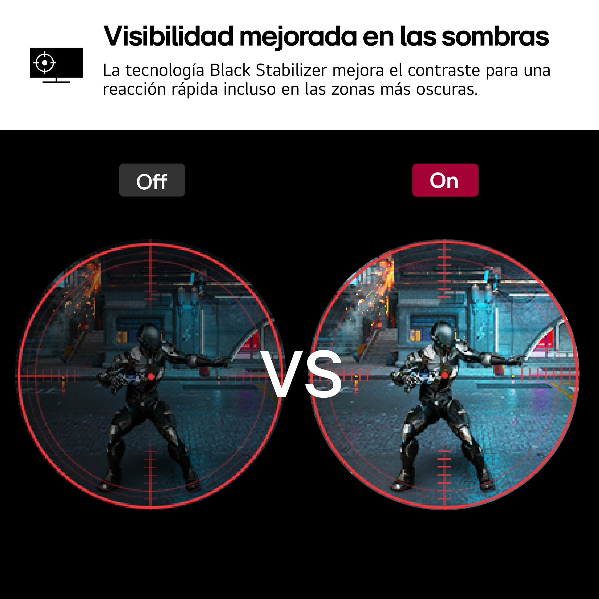 La imagen compara los modos 'Off' y 'On'. Muestra un soldado futurista en una mira roja, a la derecha la imagen es más clara.