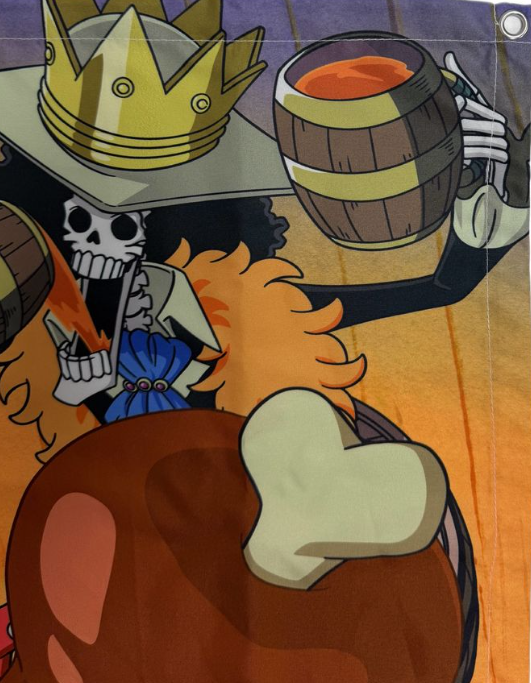 Cartoonbild eines Skeletts, das einen Bierkrug und eine Truthahnkeule hält. Er trägt eine Krone und eine blaue Fliege.