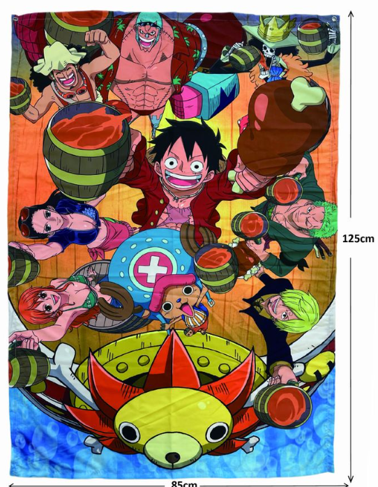 Bunte Anime-Decke mit verschiedenen One Piece-Charakteren, die Fässer und Essen halten, mit dem Sunny-Schiff unten.