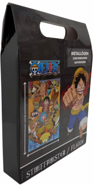 Schwarze Box mit Griff. Sie hat ein One Piece Poster und eine Luffy-Illustration. Text auf Deutsch weist auf ein Stoffposter hin.