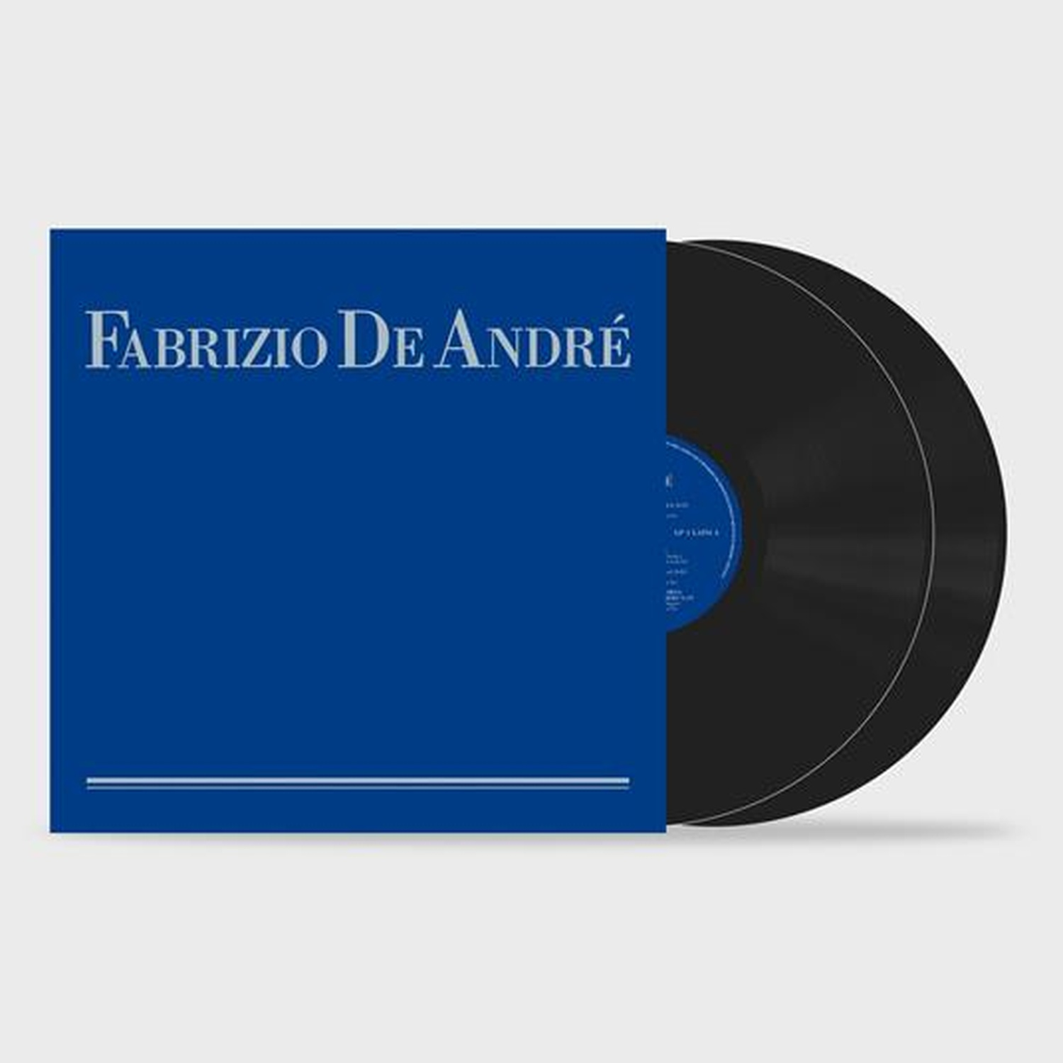 Copertina dell'album di Fabrizio De André. Copertina blu con testo bianco e una linea bianca. Due vinili neri visibili.