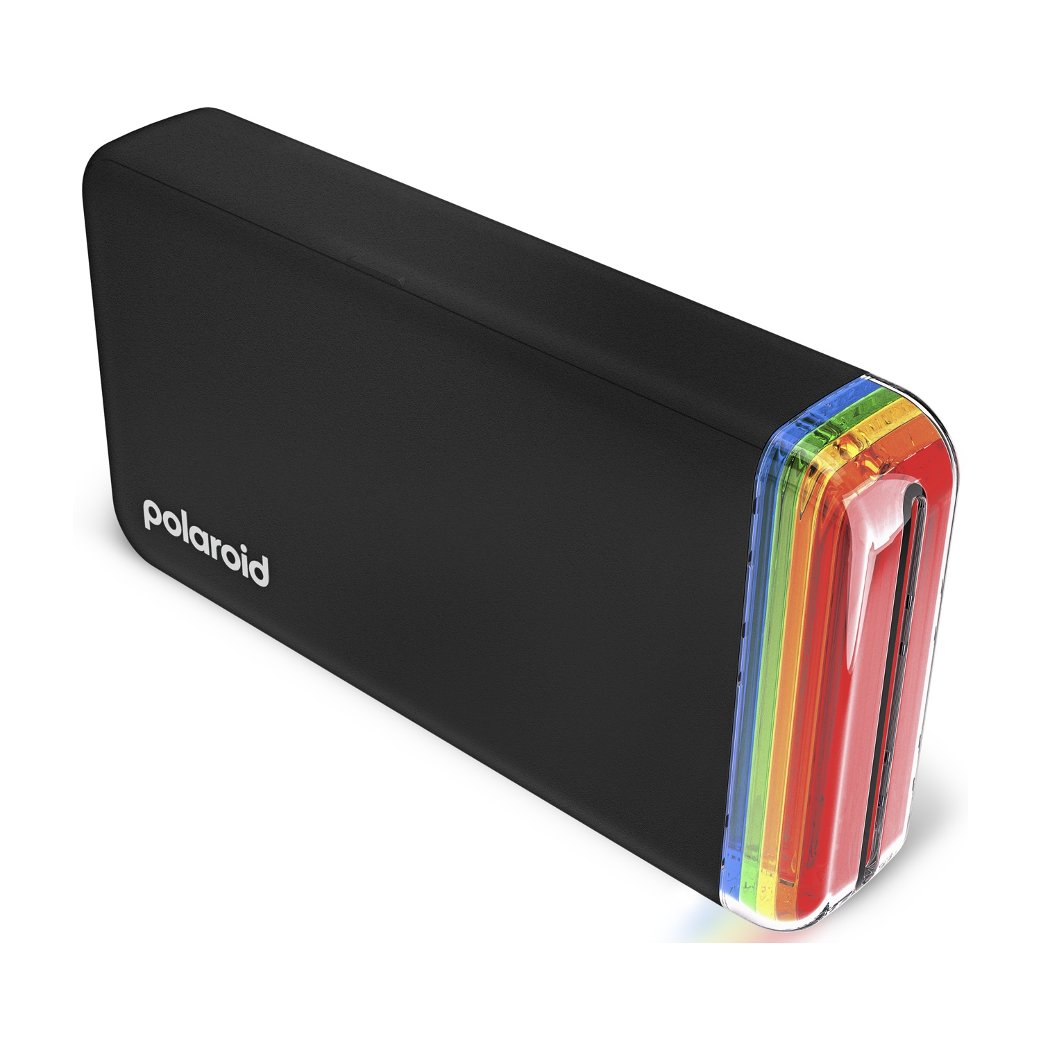 Altoparlante Polaroid nero. L'estremità ha una striscia luminosa arcobaleno. Il logo Polaroid è sul lato.
