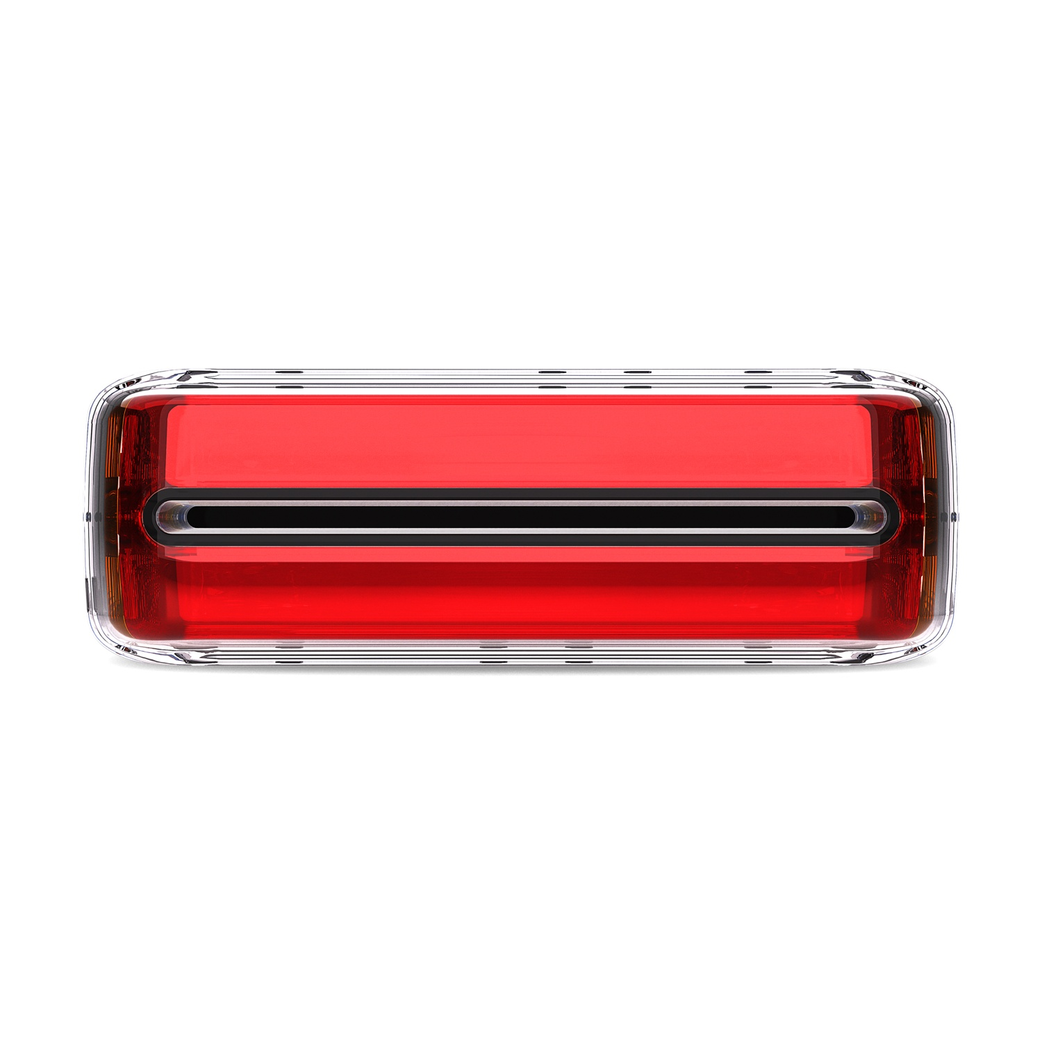 Un dispositivo rettangolare rosso con una striscia nera, racchiuso in plastica trasparente, su sfondo bianco.