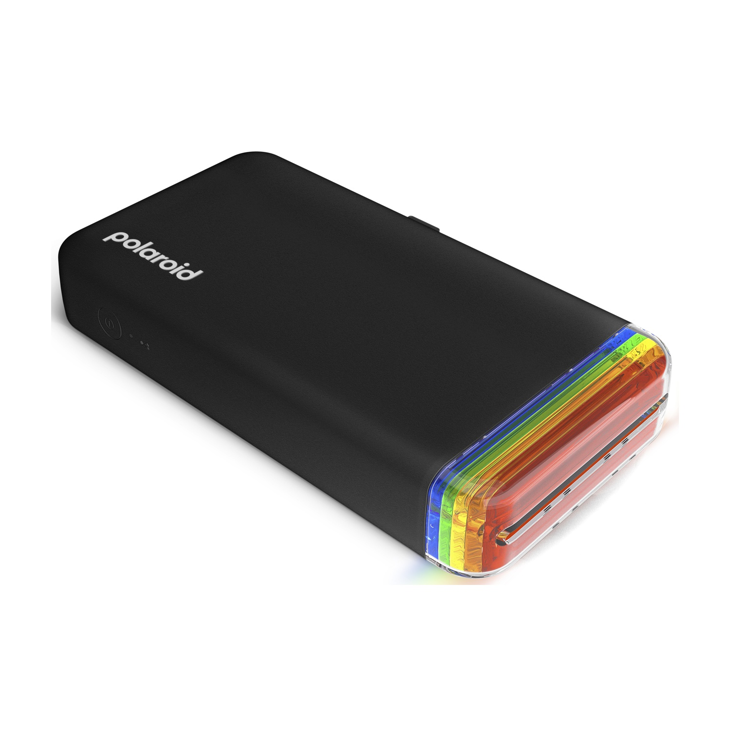 Dispositivo Polaroid nero con un pannello luminoso dai colori dell'arcobaleno. Il dispositivo è rettangolare con bordi arrotondati e logo Polaroid bianco.
