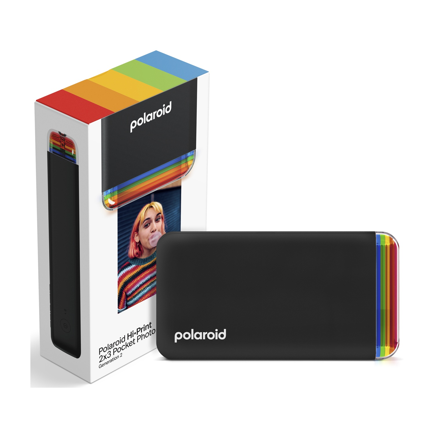 Una stampante fotografica tascabile Polaroid Hi-Print 2x3 nera e la sua scatola. La scatola ha un design arcobaleno e una foto di una persona che soffia una bolla.