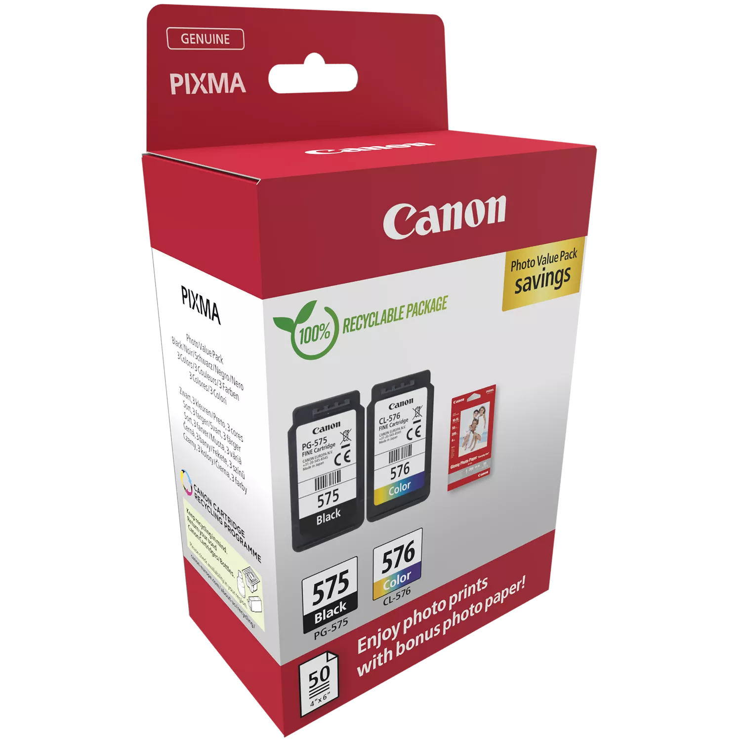 Egy Canon Pixma tintapatron csomag. Fekete és színes patronokat tartalmaz, fotópapír bónusszal.
