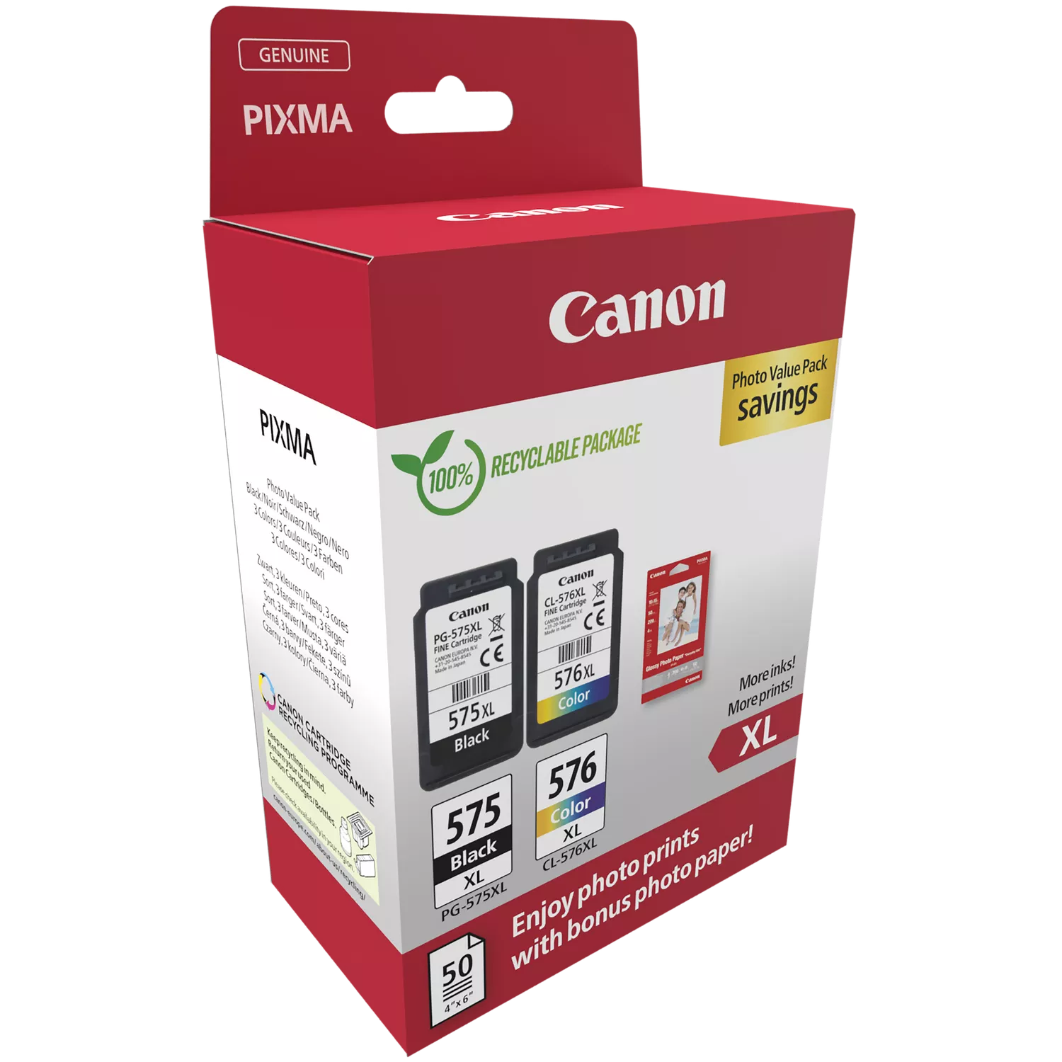 Egy Canon Pixma tintapatron doboz, piros és fehér, tintapatronokat, fotópapírt és szöveget mutat.