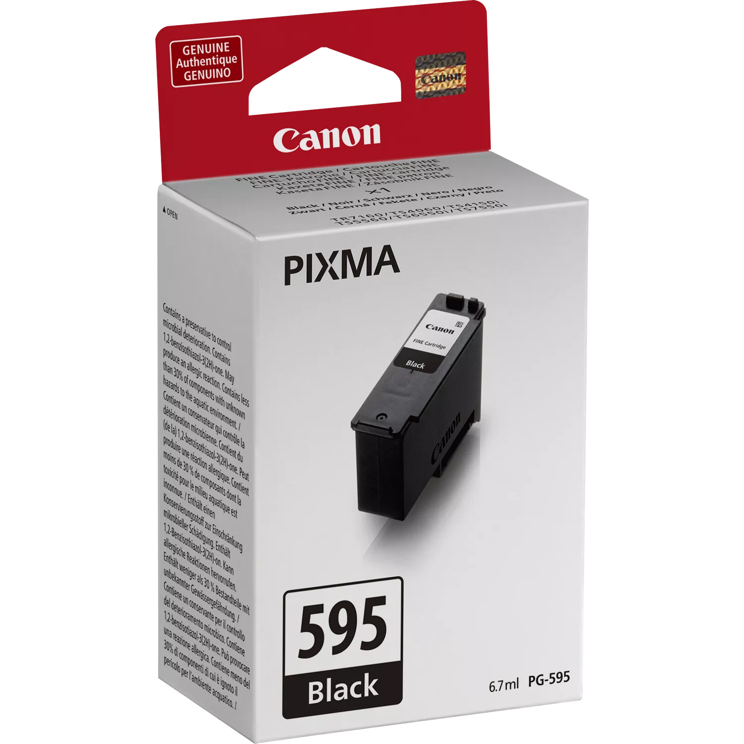 Egy Canon Pixma 595 fekete tintapatron doboza. A doboz fehér, fekete és piros díszítéssel.