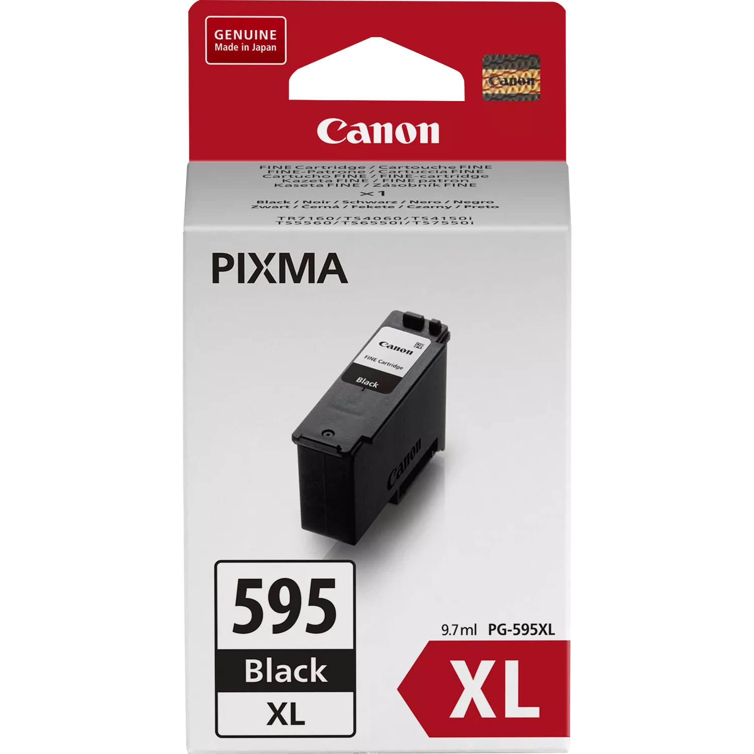 Canon Pixma tintapatron doboz. Fekete tinta, XL méret. Piros-fekete csomagolás Canon logóval és termék részletekkel.